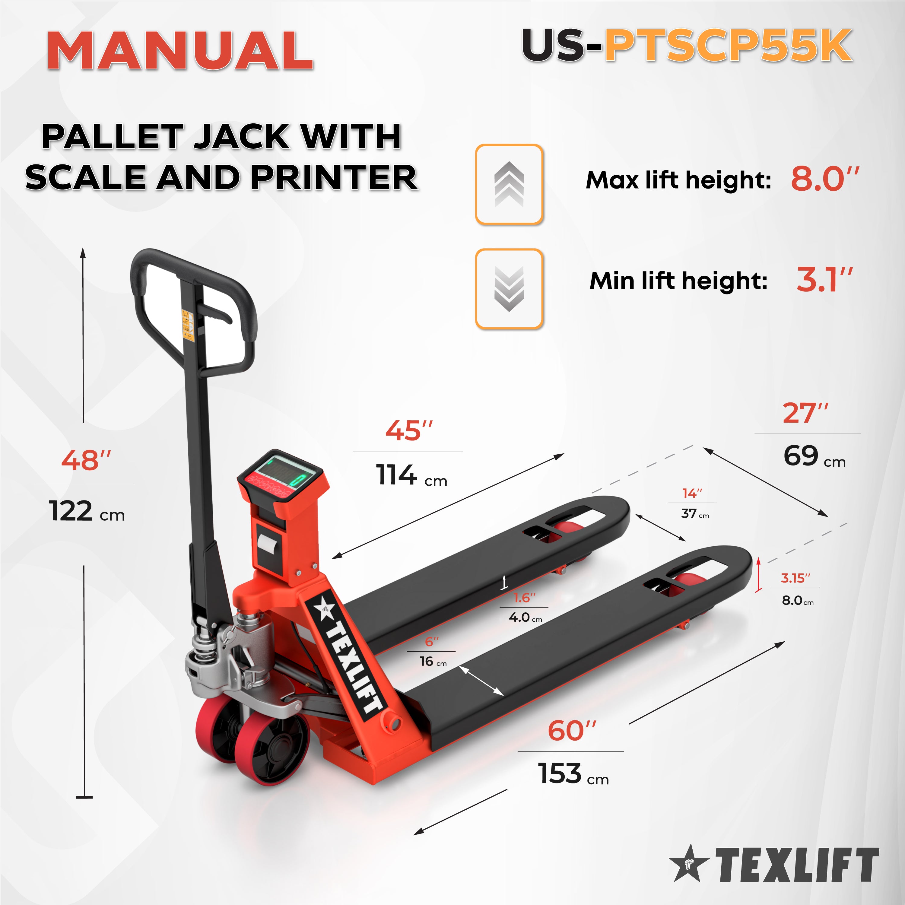 Manual Pallet Jack with Scale & Printer – US-PTSCP55K (5,500 lbs Capacity) - TEXLIFT