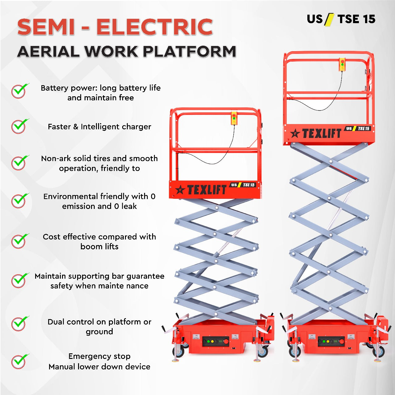 Semi-Electric Scissor Lift – 15ft (180 inch) Height, 440 LBS Capacity | US-TSE15 - TEXLIFT