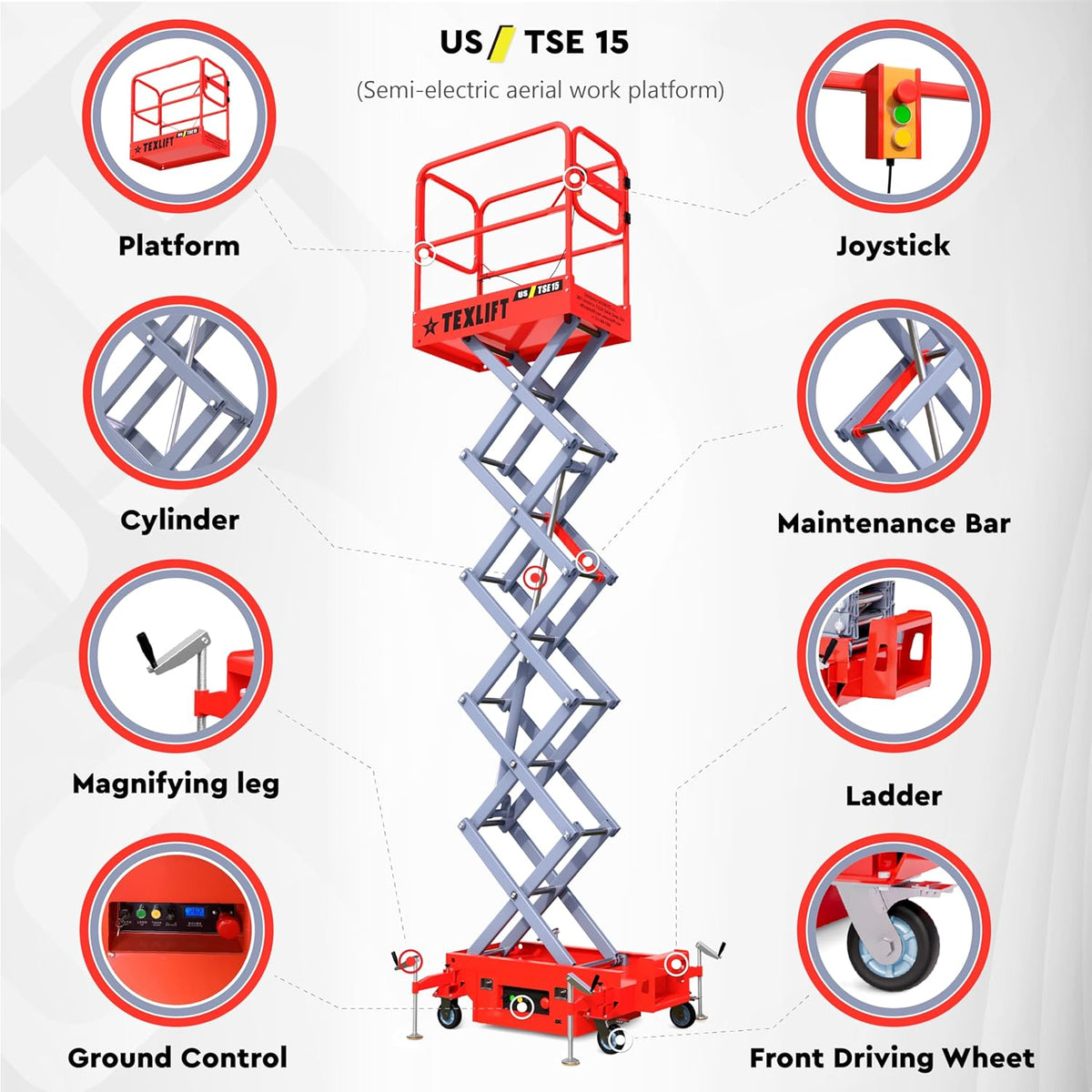 Semi-Electric Scissor Lift – 15ft (180 inch) Height, 440 LBS Capacity | US-TSE15 - TEXLIFT