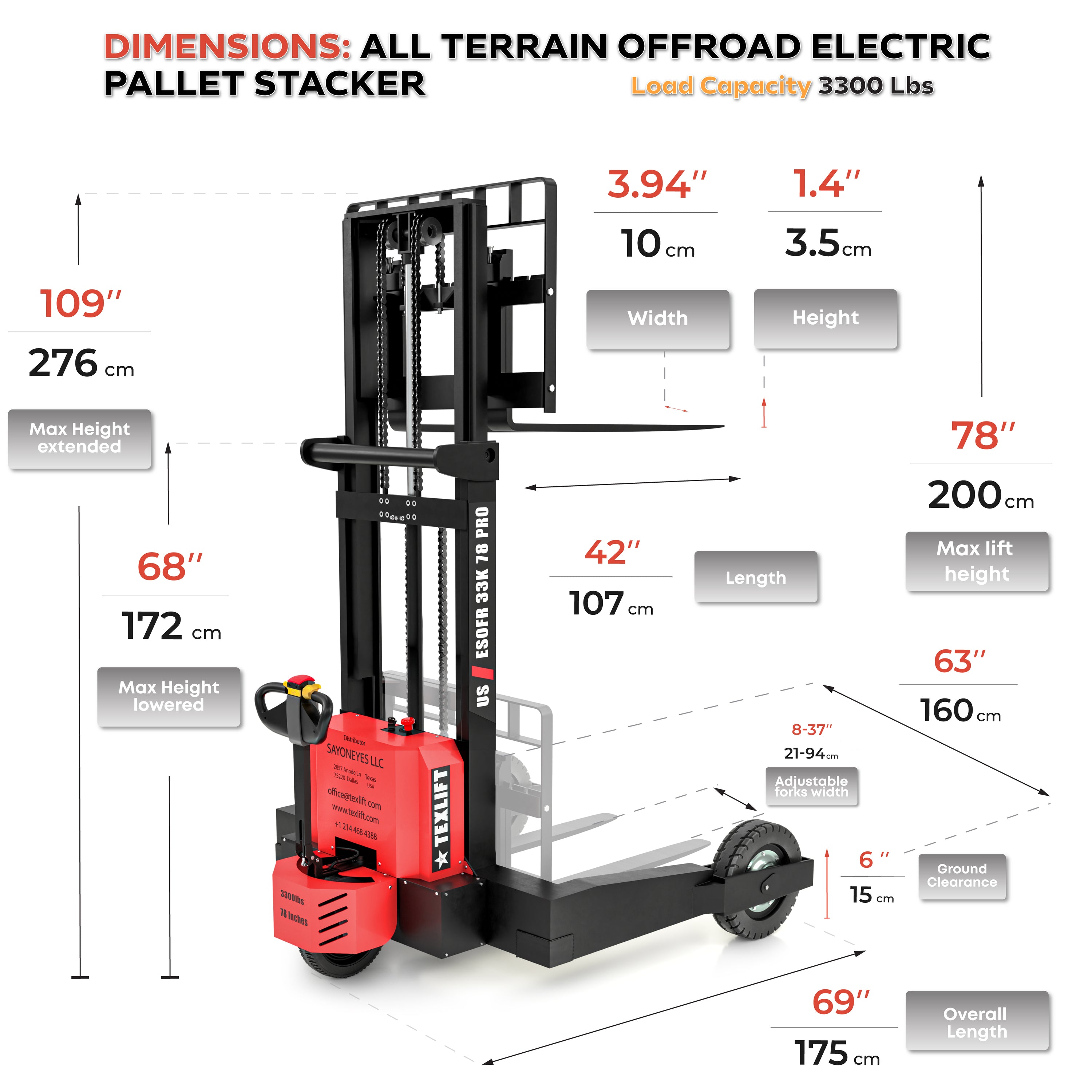 3,300 lb Off-Road Electric Pallet Stacker 7 ft (78 in) Lift | Lithium | US-ESOFR33K 78 PRO