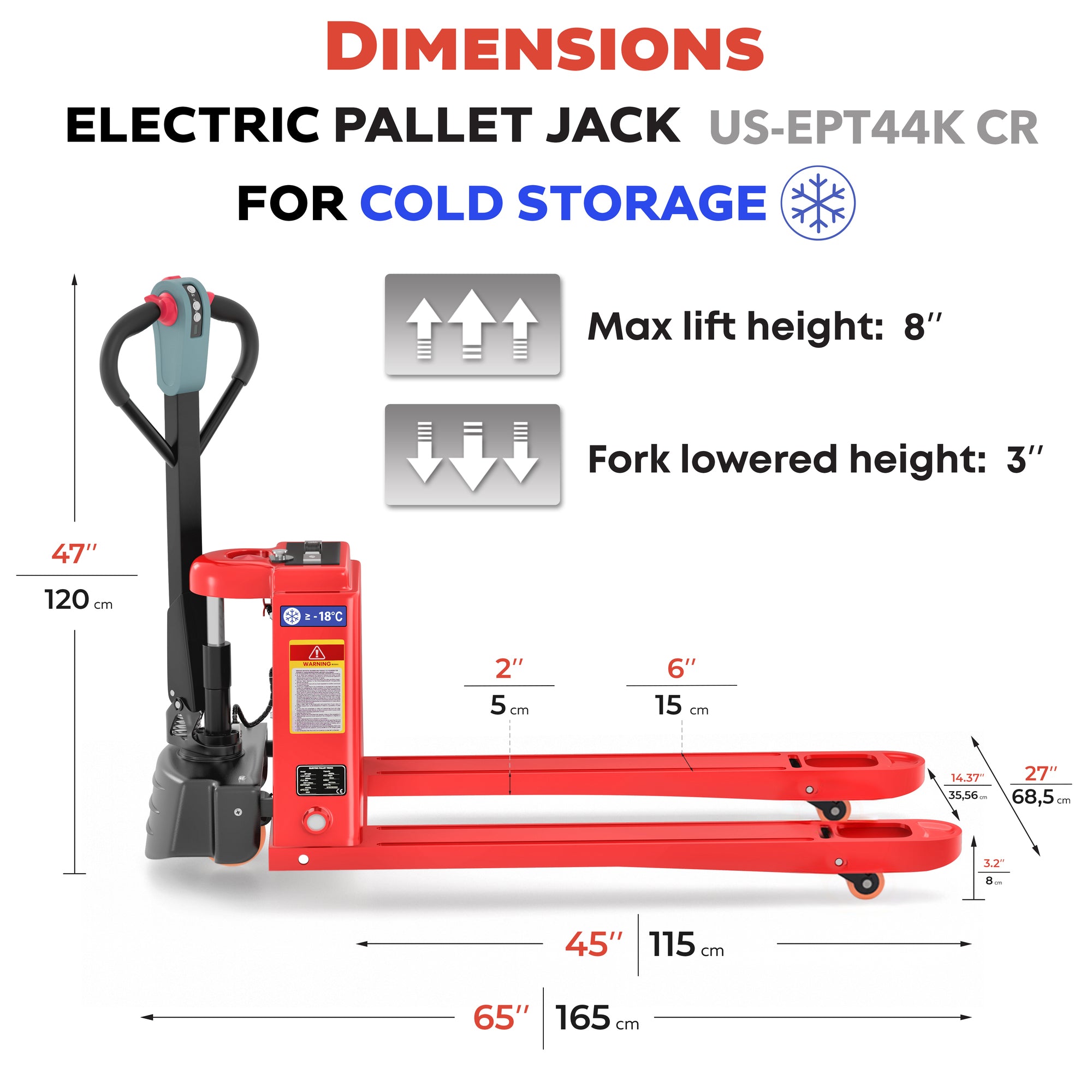 US-EPT44K CR Cold Room Electric Pallet Jack – 4,400 lb Capacity, 0°F Rated