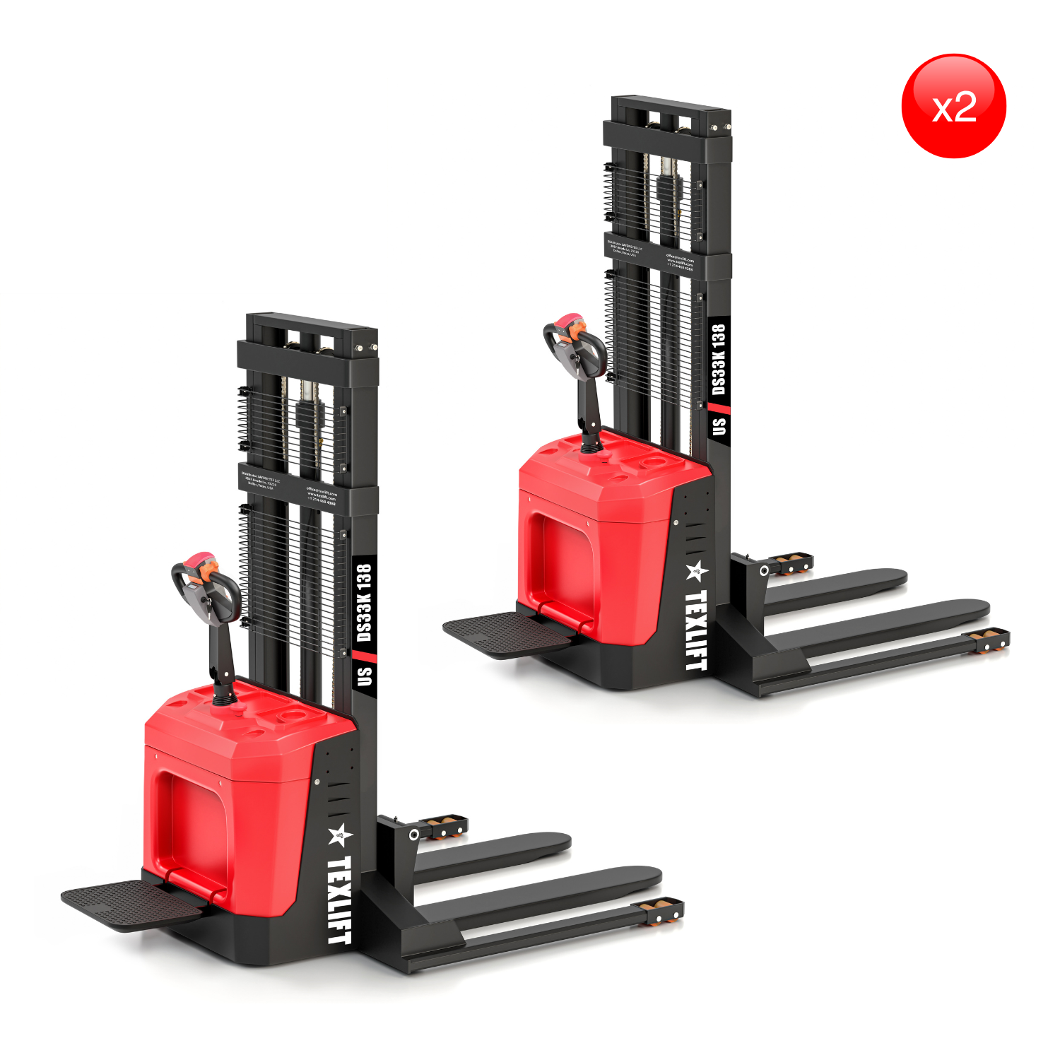 Dual Pack Electric Rider Stackers – 12ft (138 inch) Lift, 3,300 lb Capacity Each