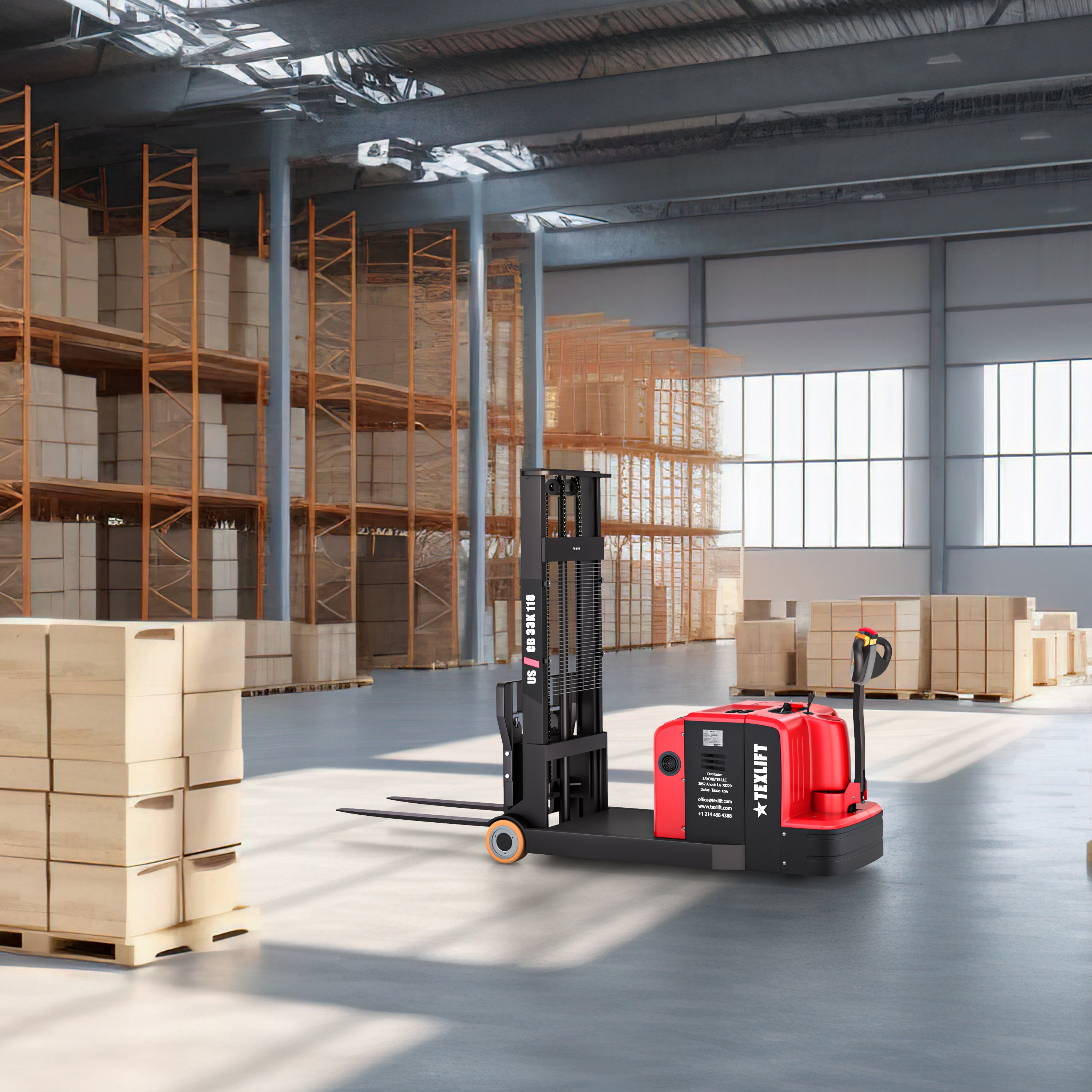 3,300 lb Electric Counterbalance Forklift Stacker – 118" Lift – US-CB33K 118 - TEXLIFT