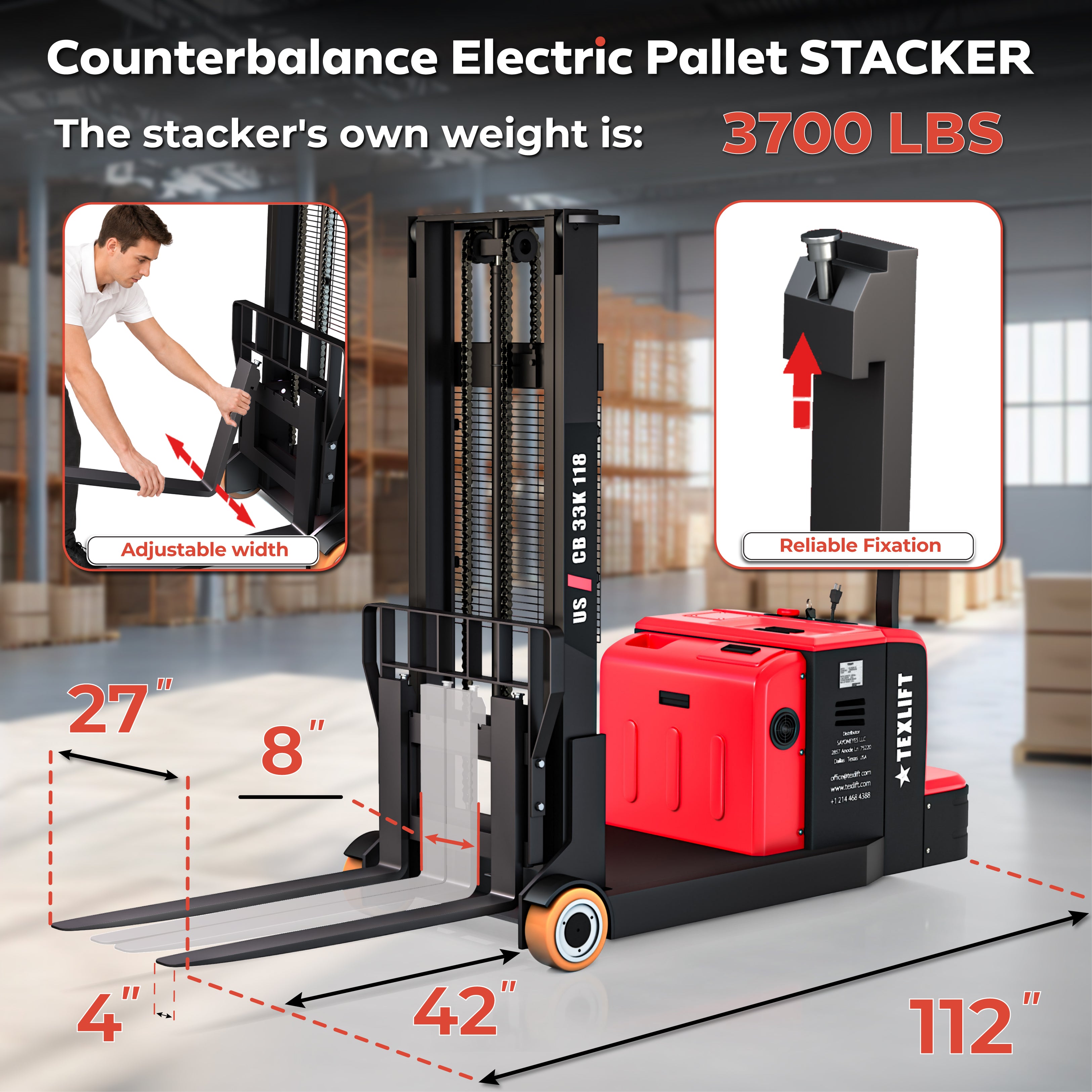 3,300 lb Electric Counterbalance Forklift Stacker – 118" Lift – US-CB33K 118 - TEXLIFT