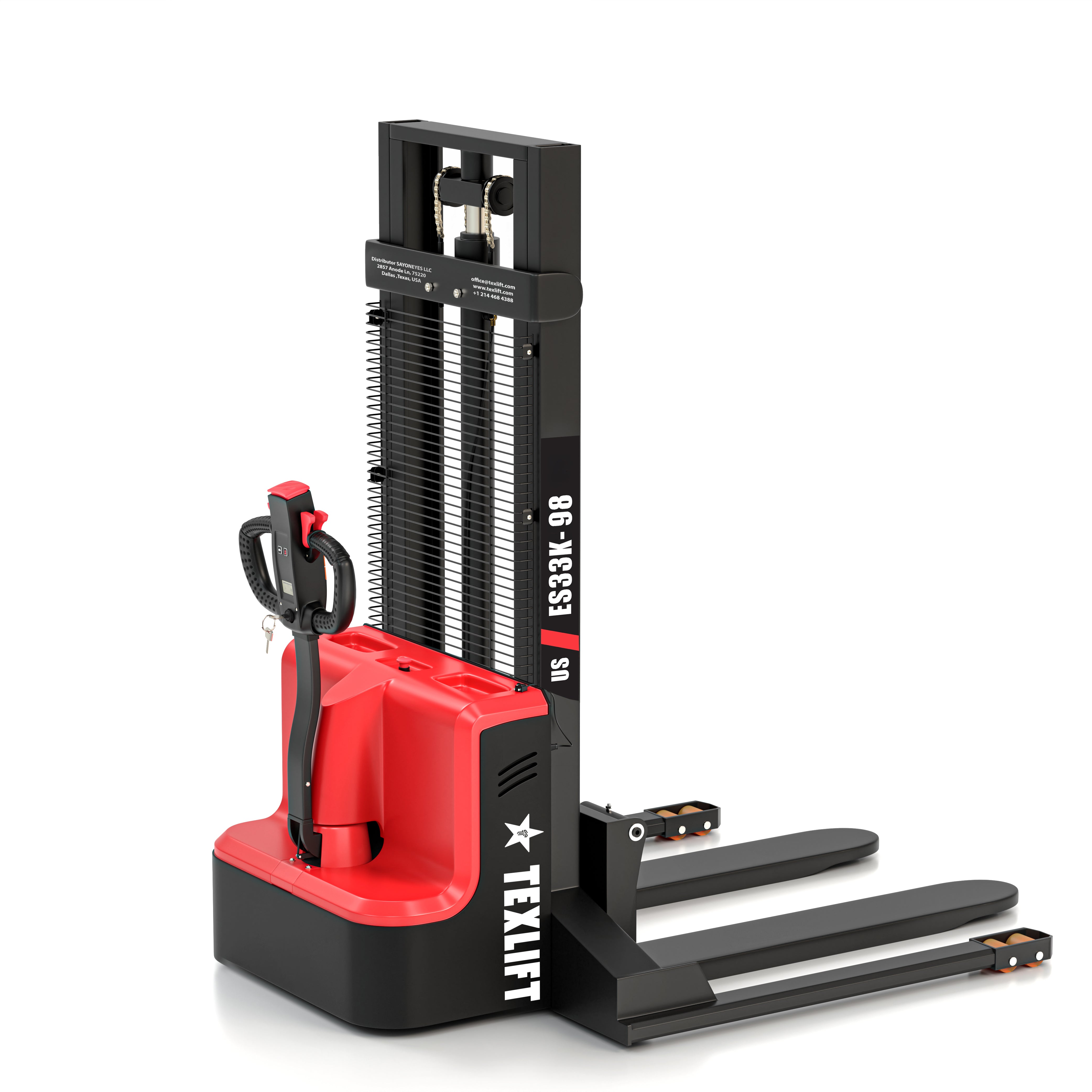 3300 LBS Capacity, 8ft (98 inch) Lift Full Electric Pallet Stacker with Straddle Legs - TEXLIFT