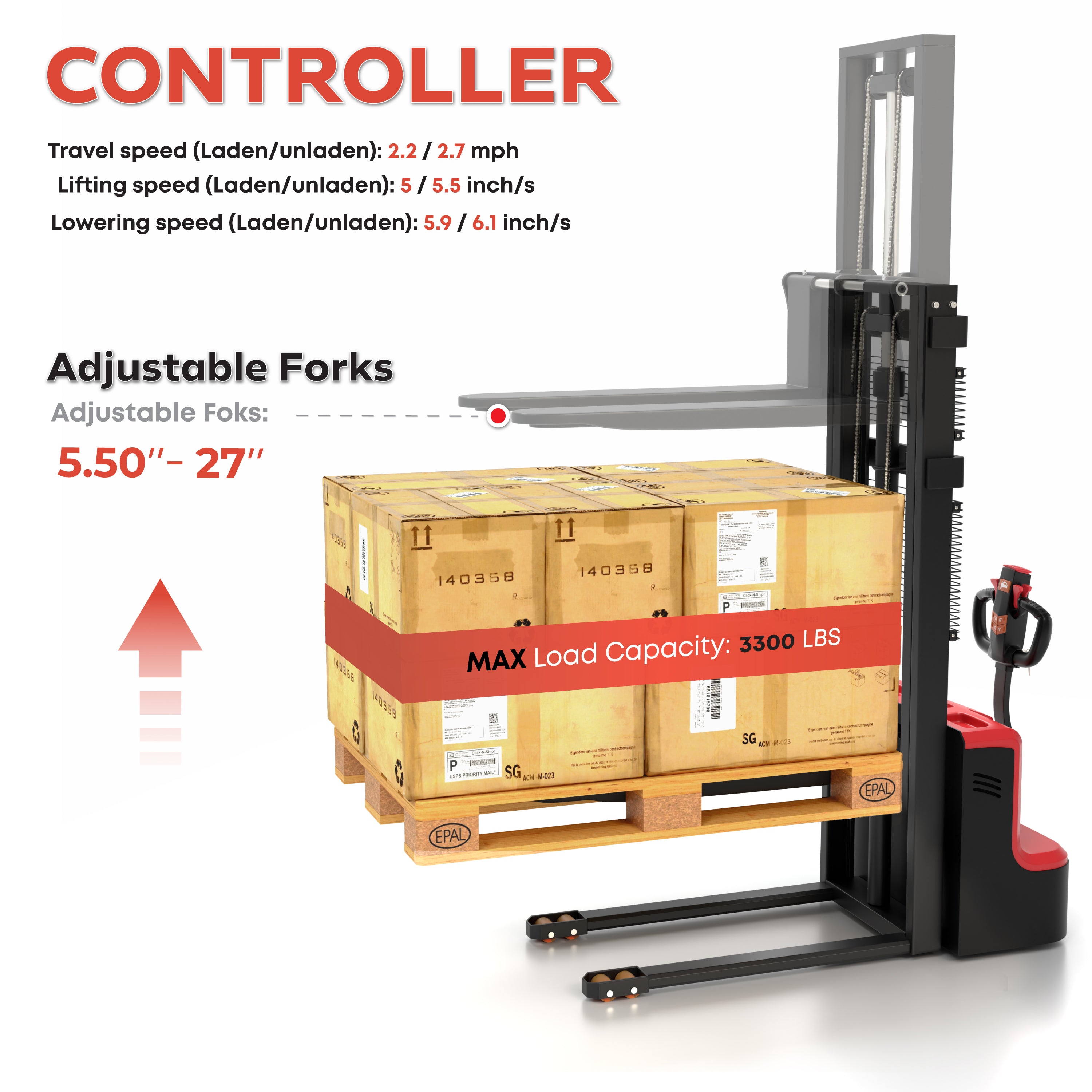 3300Lbs Full Electric Walkie Stacker with Narrow Legs – 10ft (118 inch) Lift for EU Pallets - TEXLIFT
