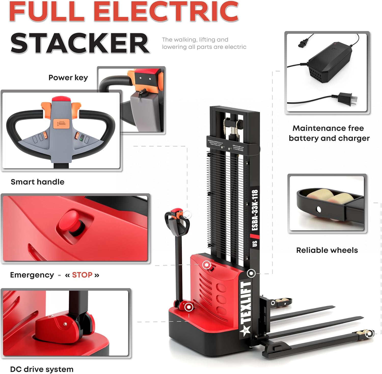Adjustable Electric Walkie Stacker – 3300Lbs Capacity, 118" Lift Height - TEXLIFT