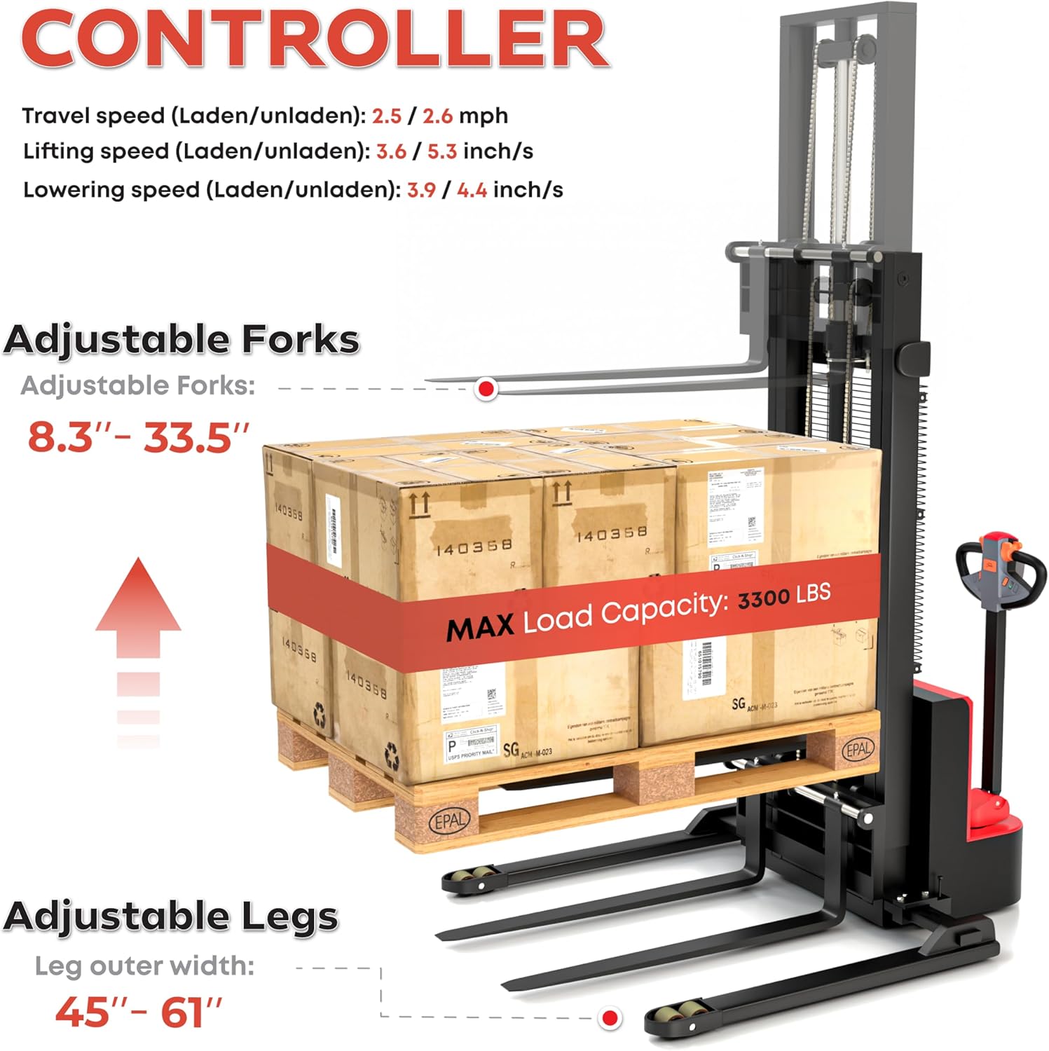 Adjustable Electric Walkie Stacker – 3300Lbs Capacity, 98" Lift Height - TEXLIFT