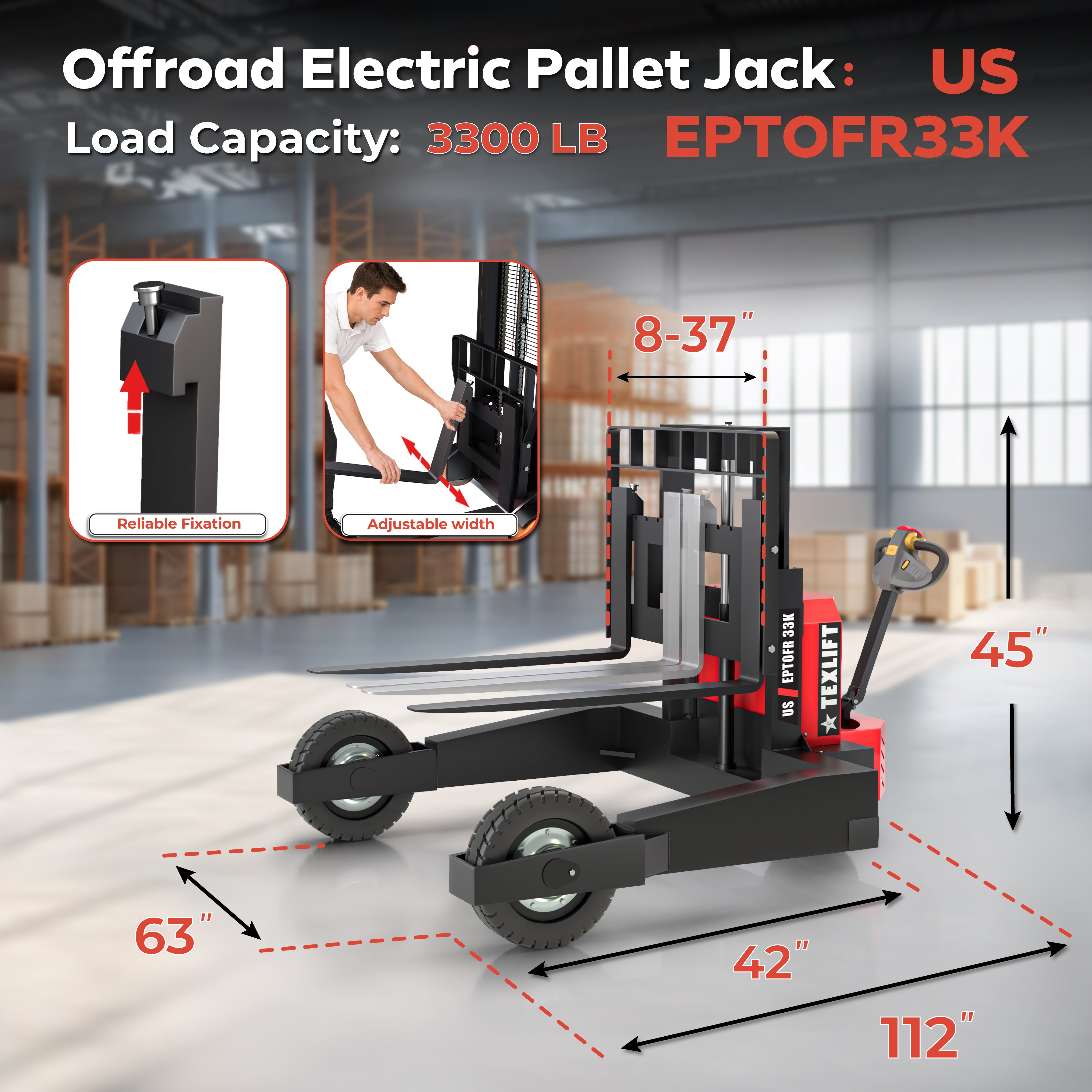 All-Terrain Offroad Electric Pallet Jack – 3,300 lbs Capacity, 12″ Lift, Solid Tires – US-EPTOFR33K - TEXLIFT