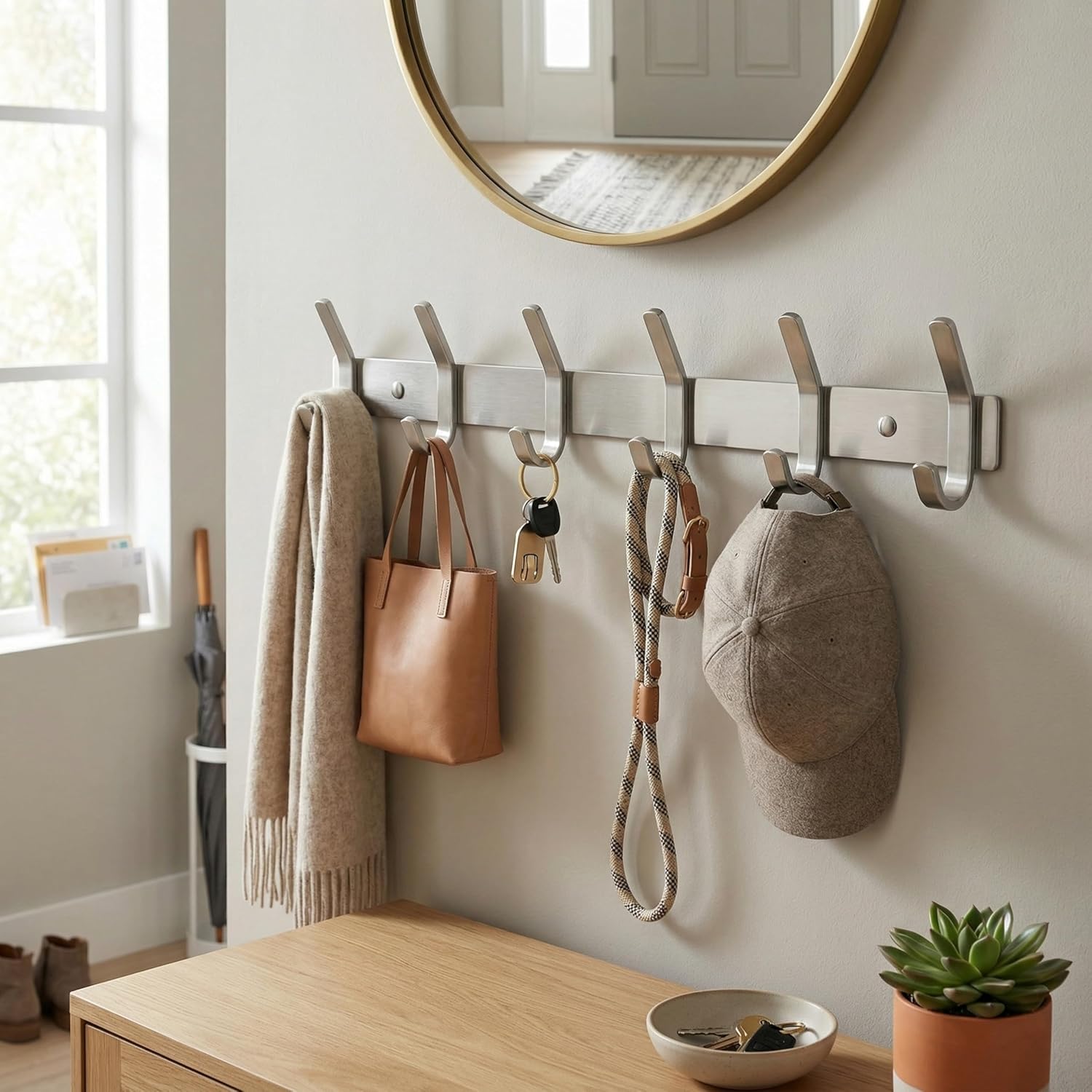2 Pack Wall Mounted Coat Rack – 6 Heavy-Duty Hooks – Silver Stainless Steel