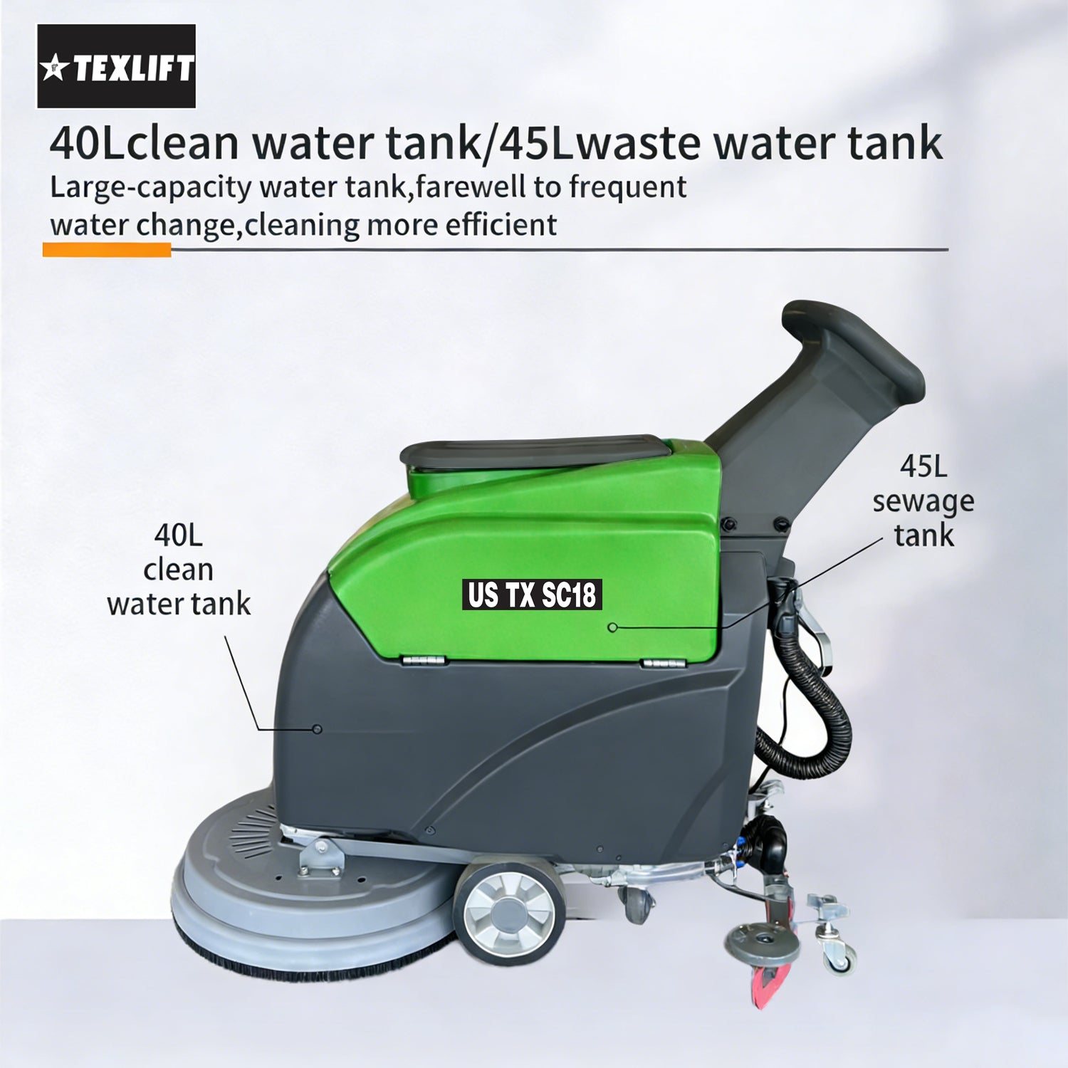 Commercial Walk-Behind Floor Scrubber – US-TX SC18 | 18″ Scrub Path | 31″ Squeegee | 110V - TEXLIFT