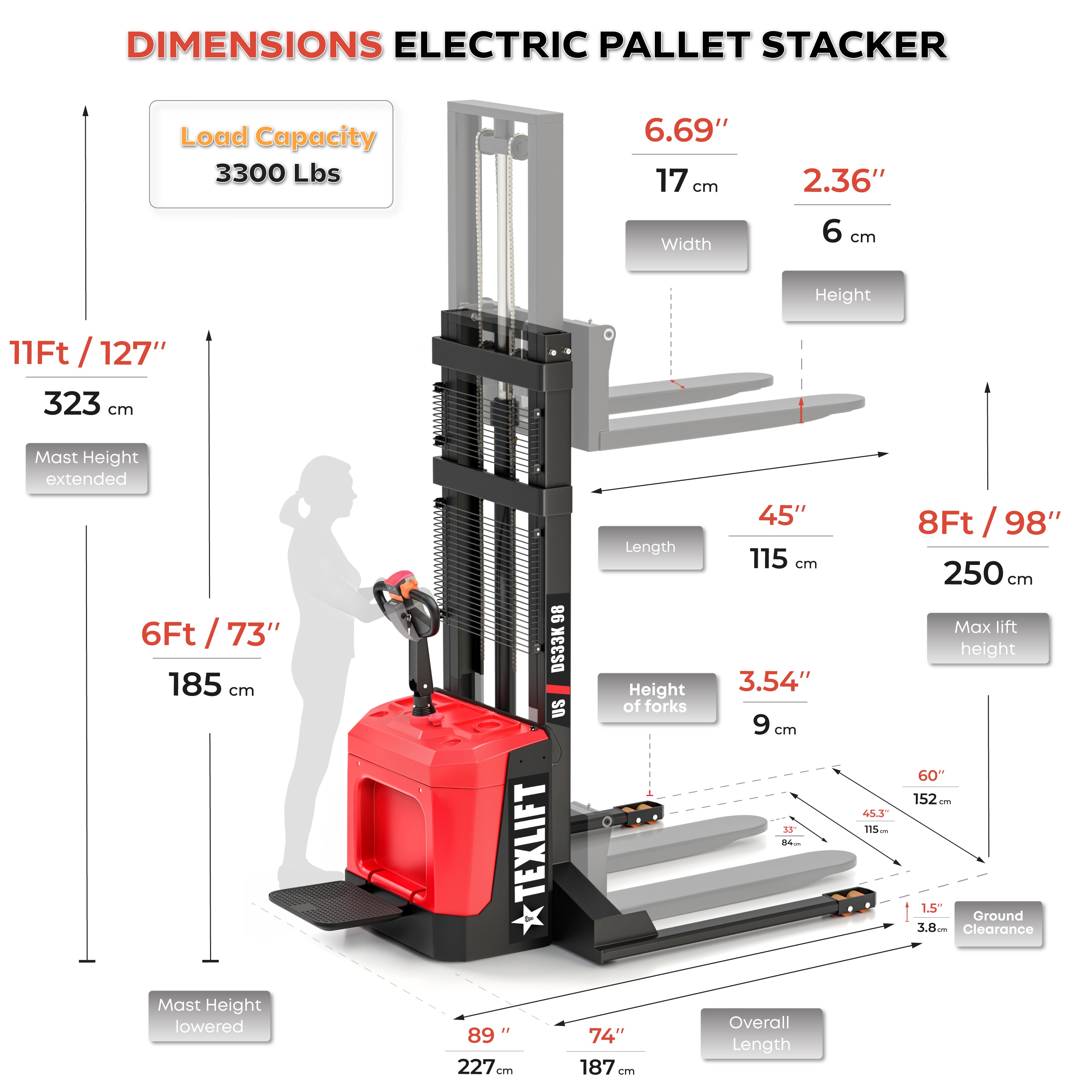 Full Electric Stand-On Walkie Stacker – 3300 LBS Capacity, 8ft (98 inch) Lift, Fixed Legs