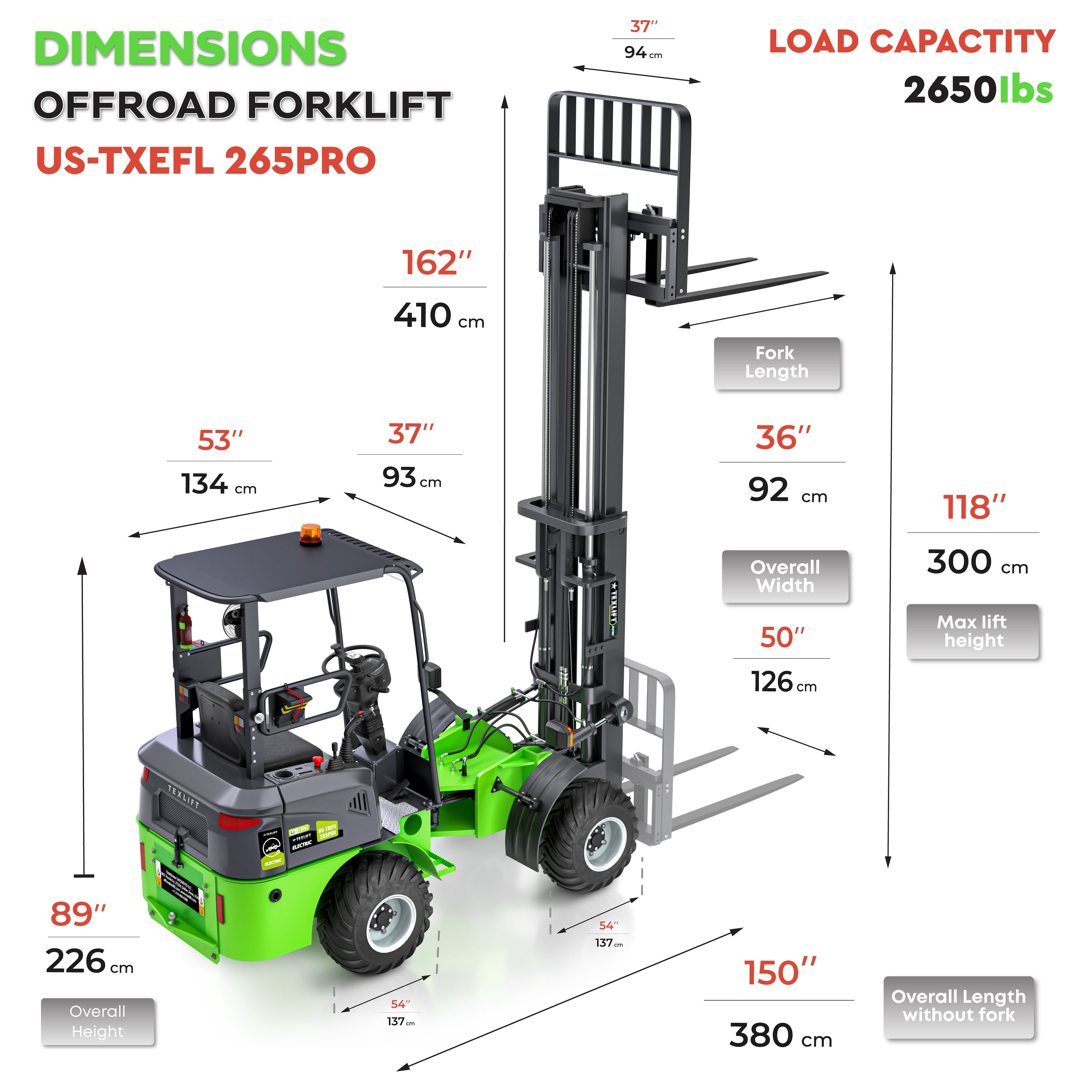 Electric Wheel Offroad Forklift – US-TXEFL265PRO (2,650 lb Capacity, 4WD, Lithium Battery)