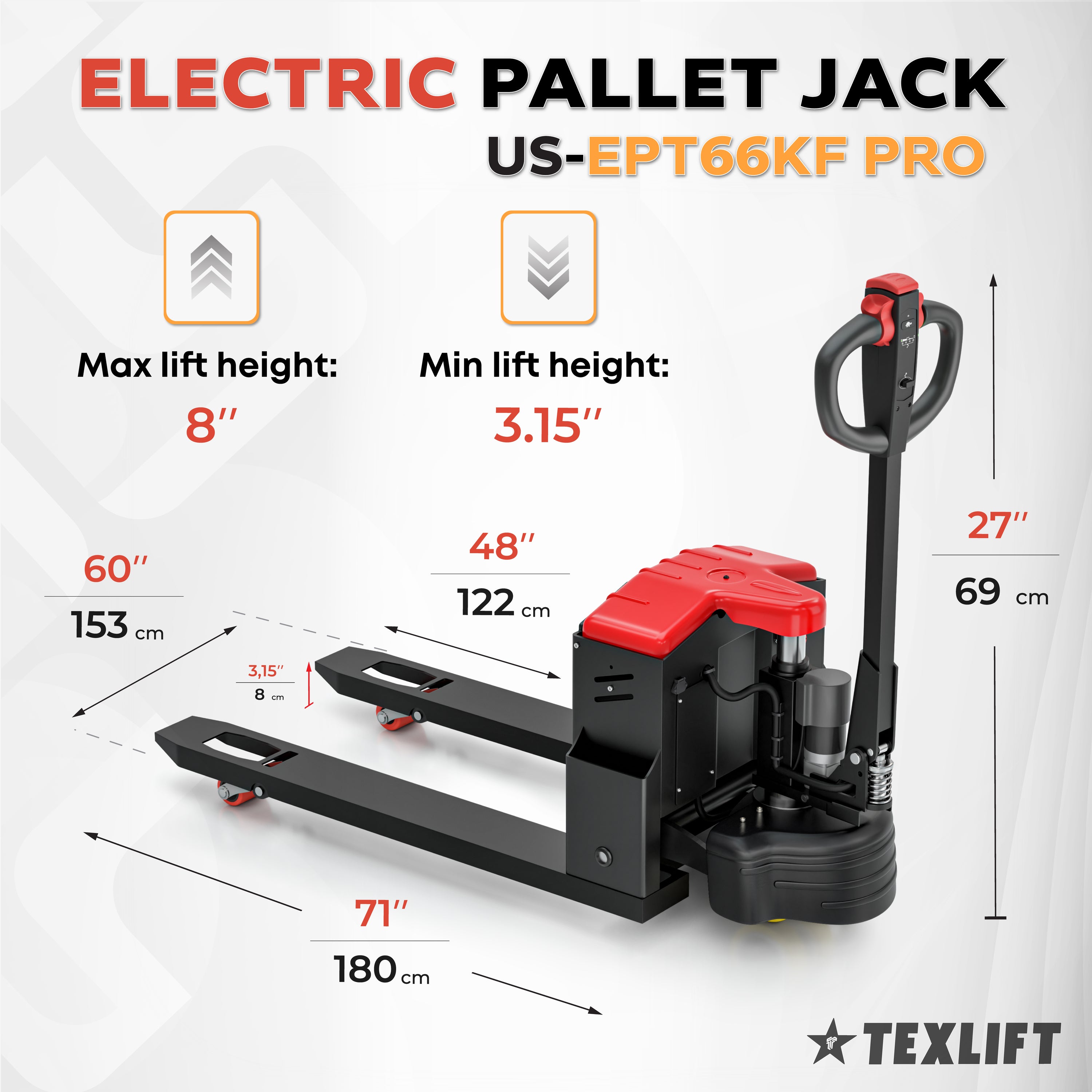 Electric pallet jack with dimensions and features on a white background