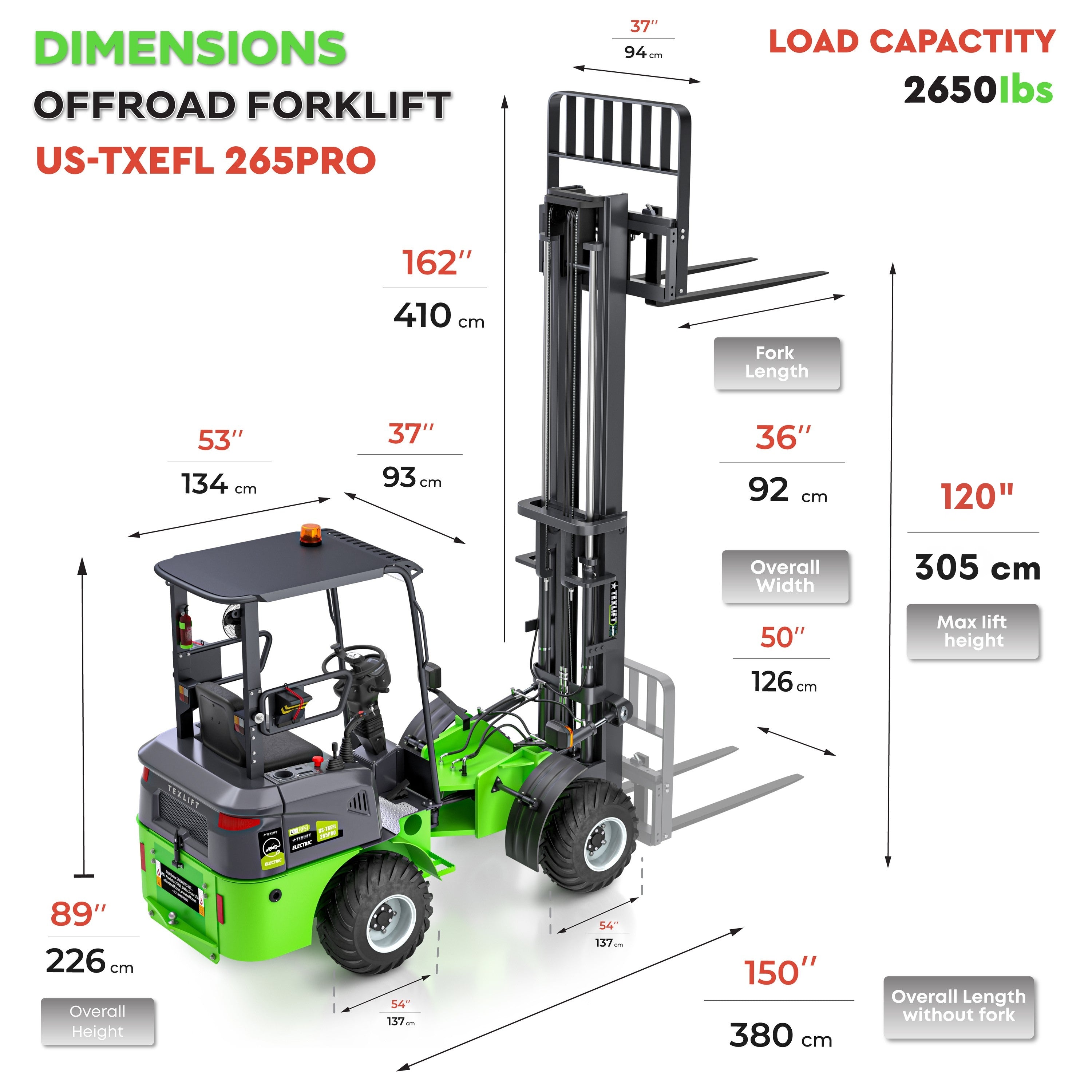 Electric Wheel Offroad Forklift – US-TXEFL265PRO (2,650 lb Capacity, 4WD, Lithium Battery) - TEXLIFT
