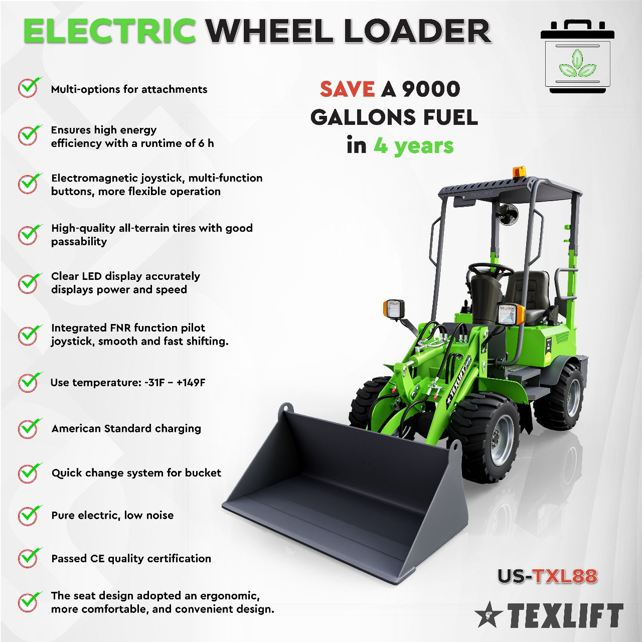 Texlift Electric Wheel Loader – Compact Battery-Powered Loader for Farm and Construction Use