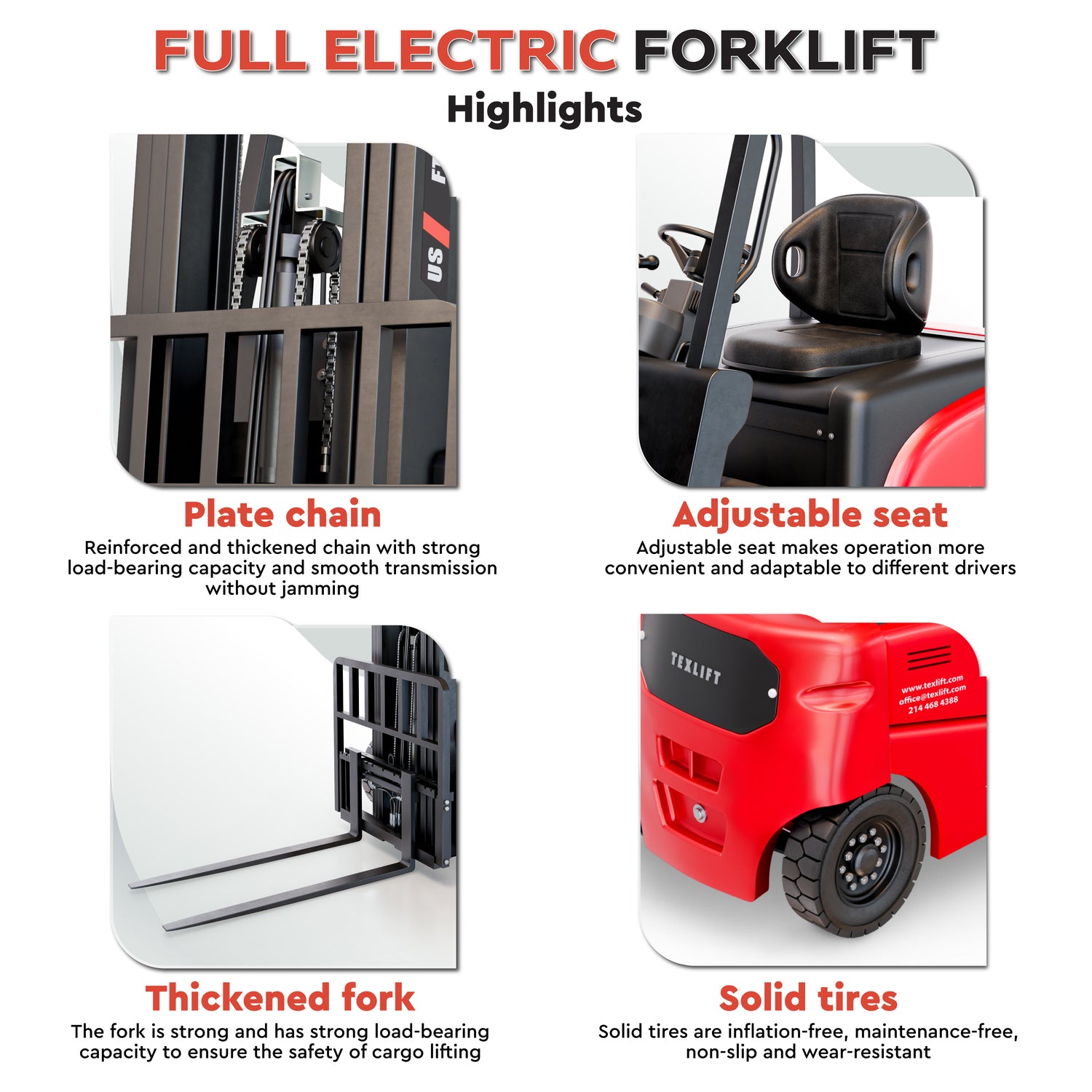 Promotional image of a full electric forklift with features highlighted.