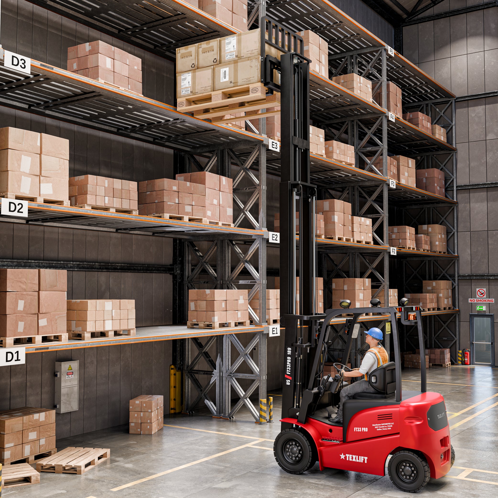Forklift in a warehouse with shelves stocked with boxes