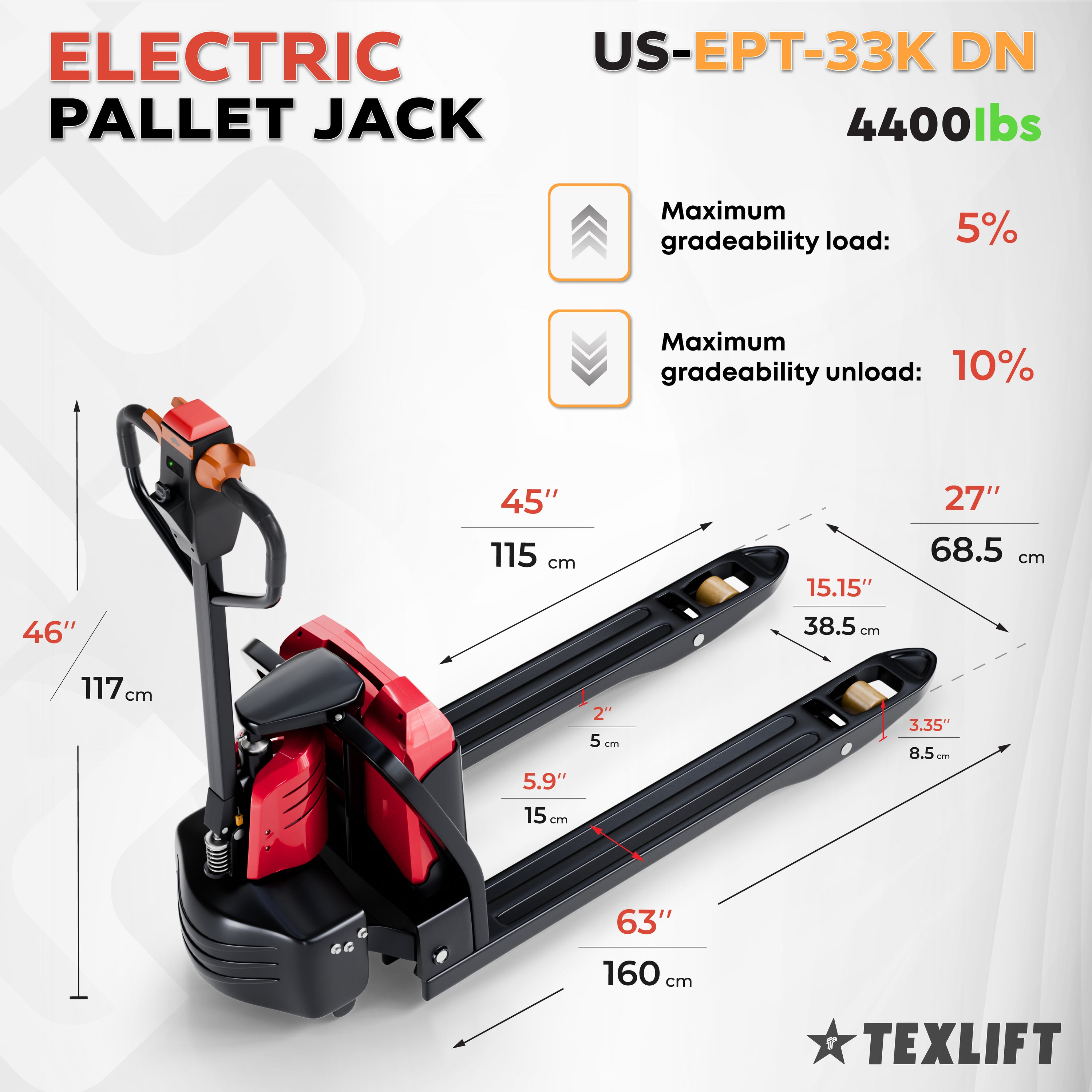 Full Electric Pallet Jack – 4400Lbs Capacity, 48V/20Ah Lithium Battery - TEXLIFT