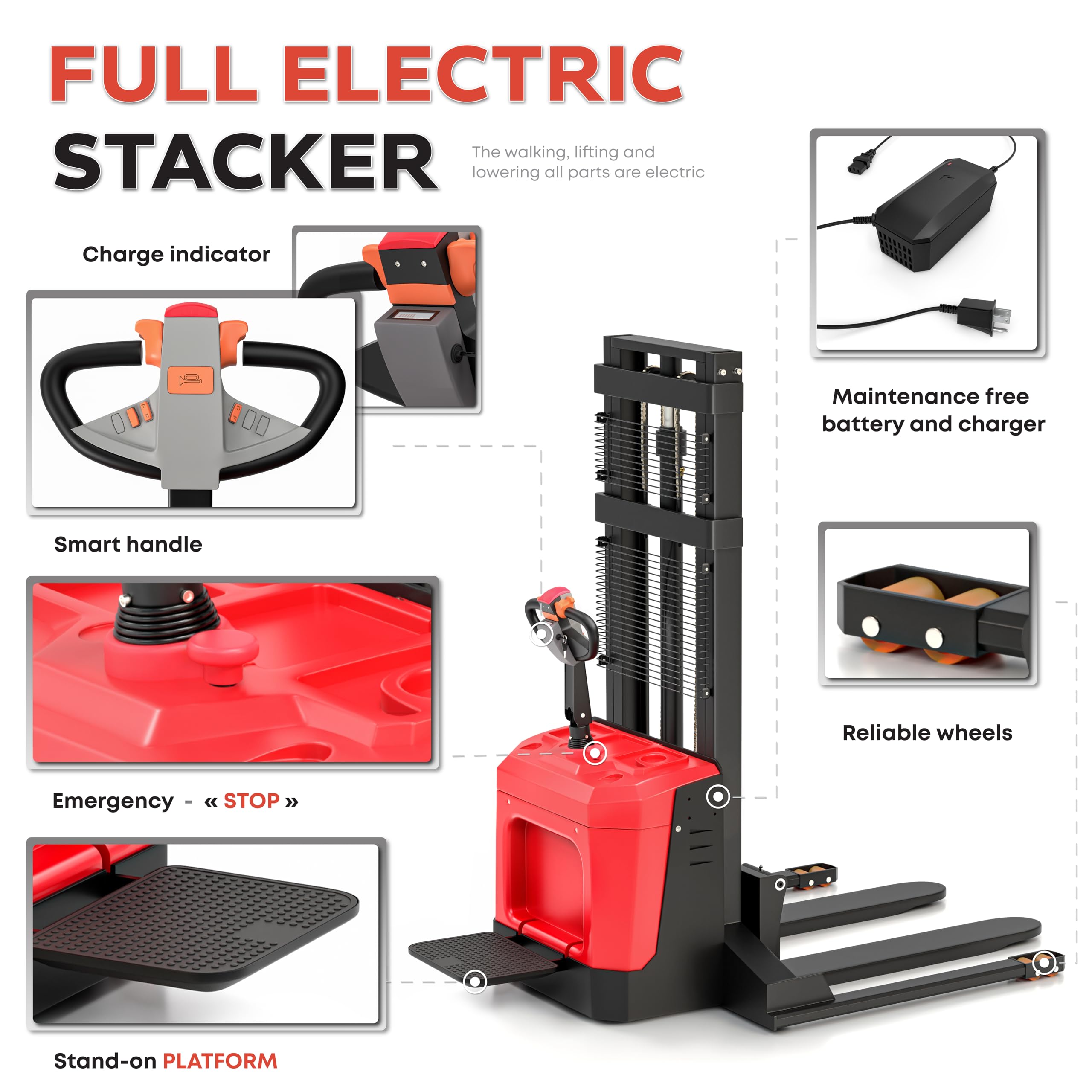 Full electric stacker with features highlighted on a white background