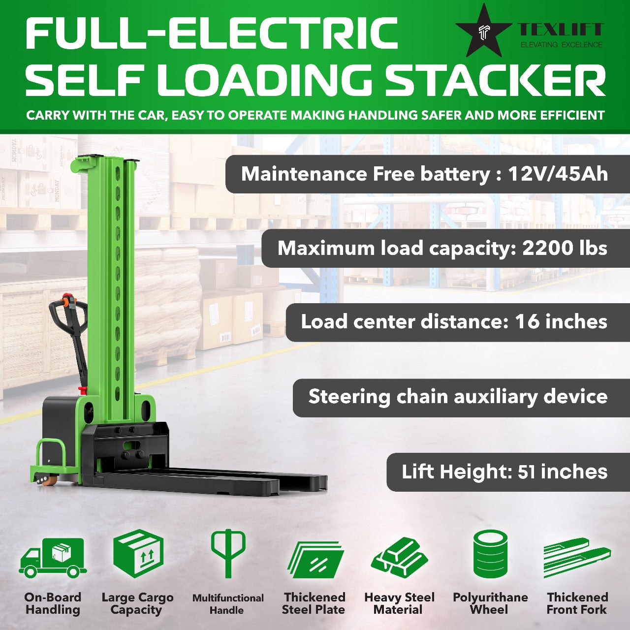 SELF STACKER FULL ELECTRIC 2200LBS (US-ZTS-22K-FE) - TEXLIFT