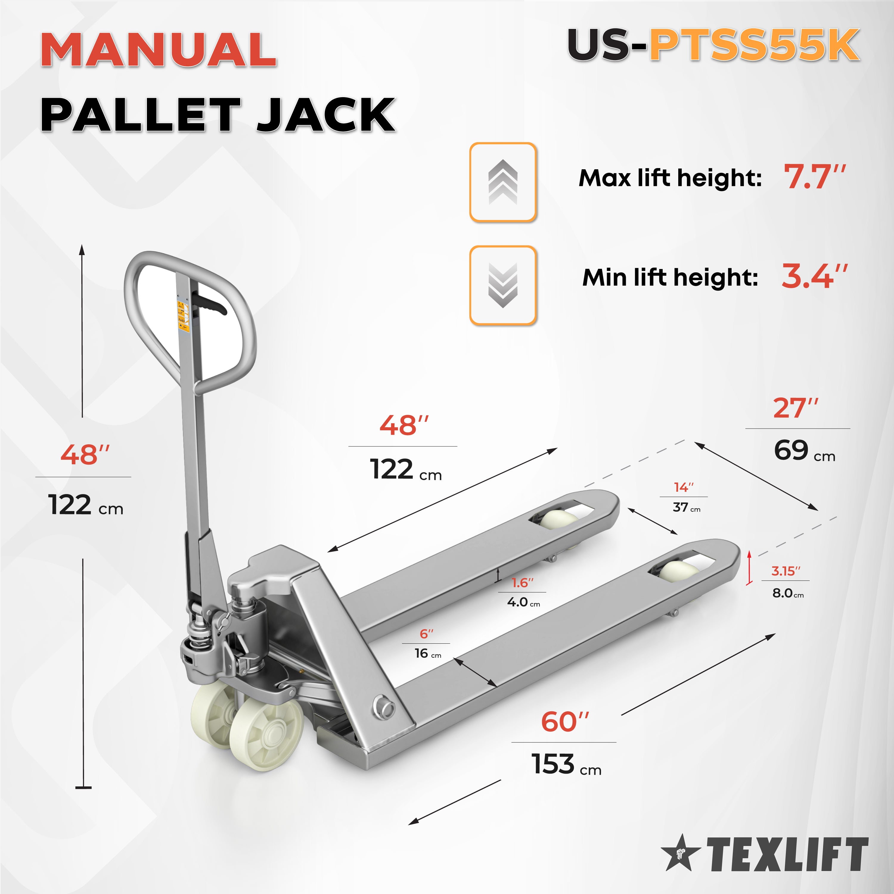 Heavy-Duty Stainless Steel Pallet Jack – 5,500 lb Capacity (Model US-PTSS55K) - TEXLIFT