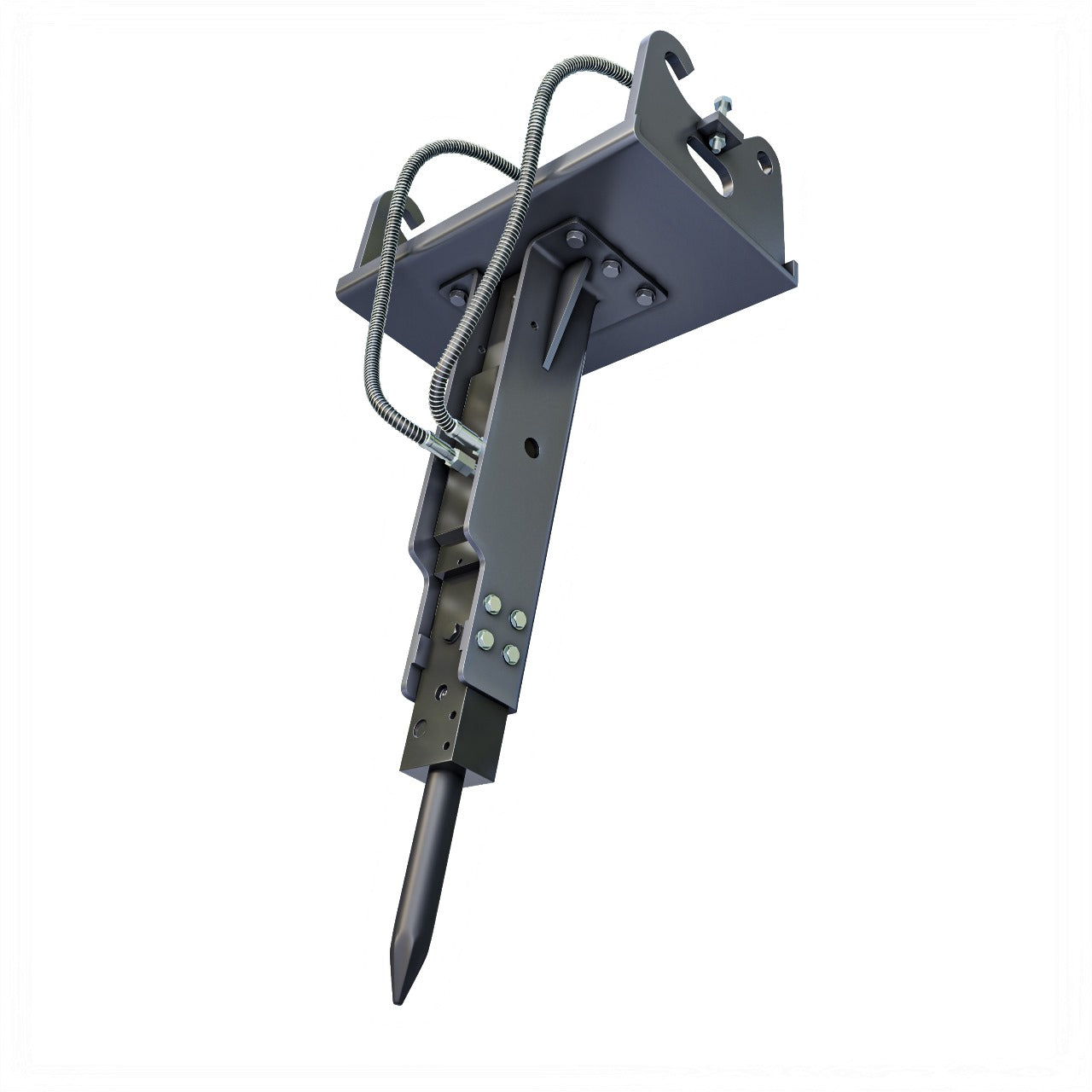 A hydraulic crushing hammer attachment for electric wheel loaders, with a metallic build and a sharp pointed end.