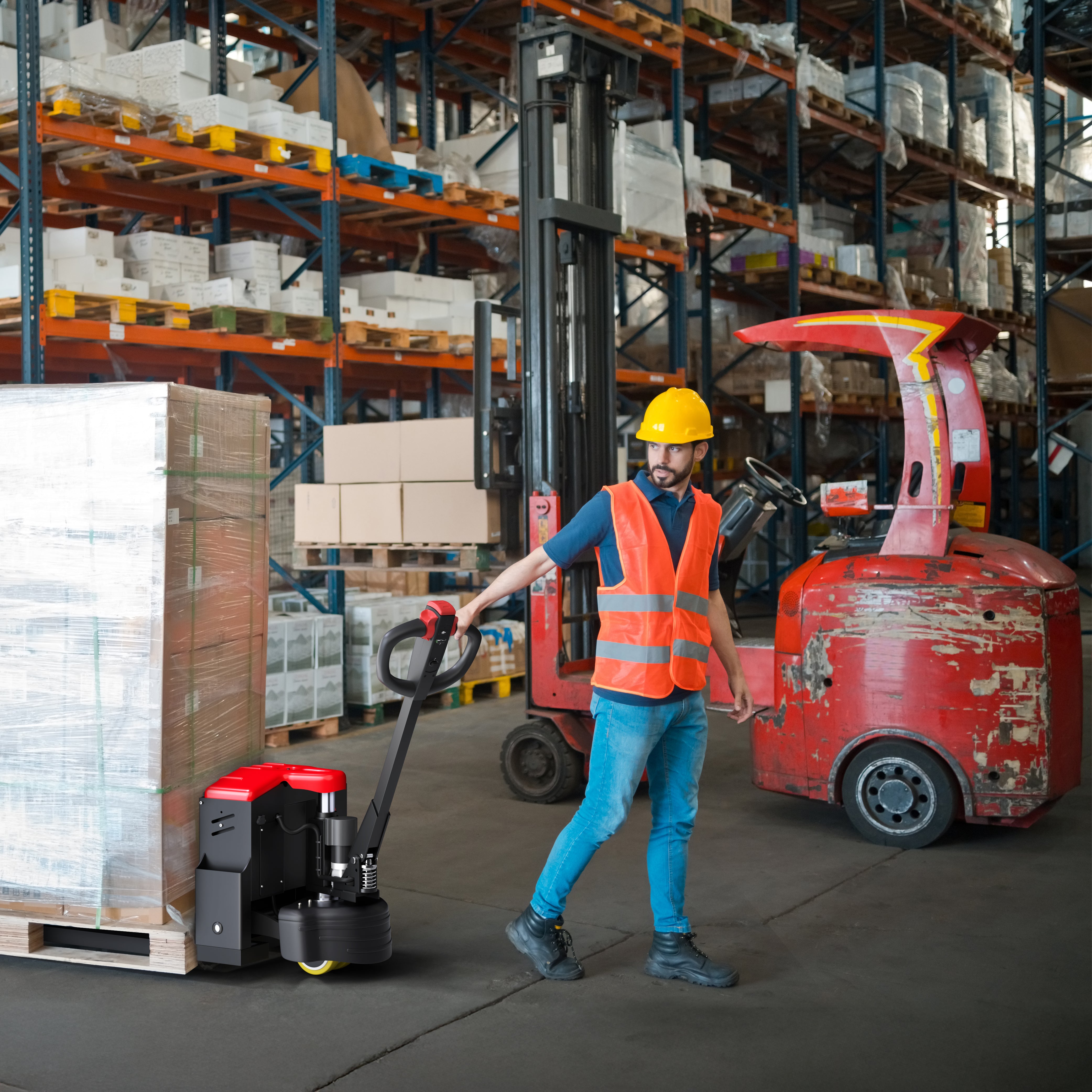 Worker operating a pallet jack in a warehouse with forklifts and shelves in the background