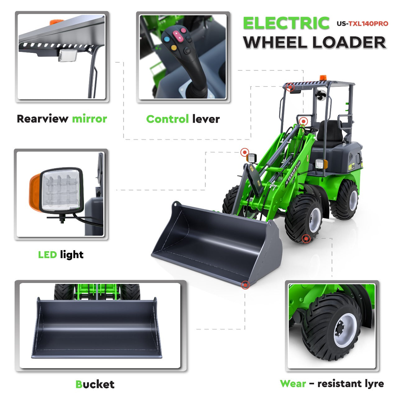 Lithium-Ion Battery Electric Wheel Loader | US-TXL140PRO | 1400 LBS Capacity | 11ft (132 inch) Lift - TEXLIFT