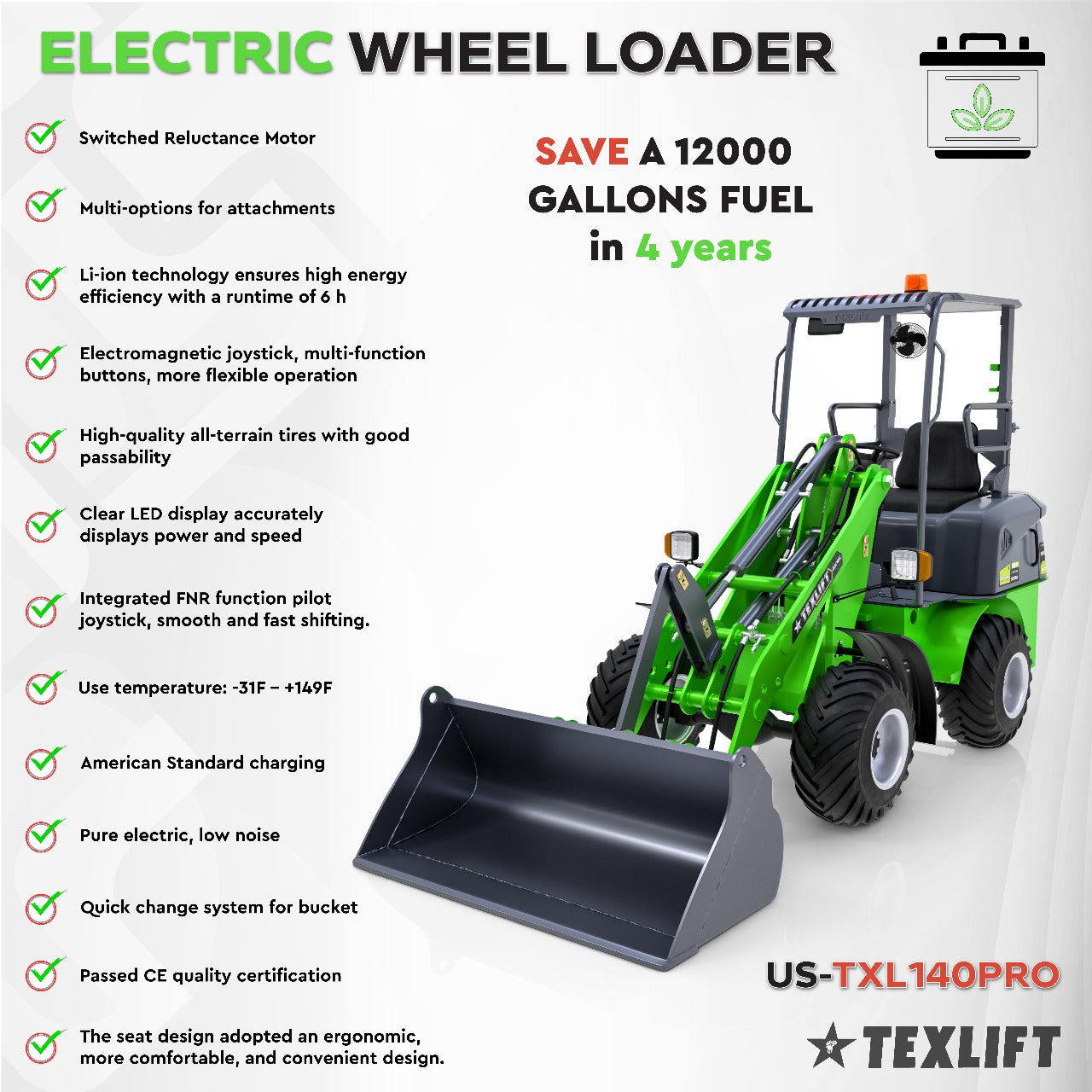 Texlift Electric Wheel Loader – Compact Battery-Powered Loader for Farm and Construction Use