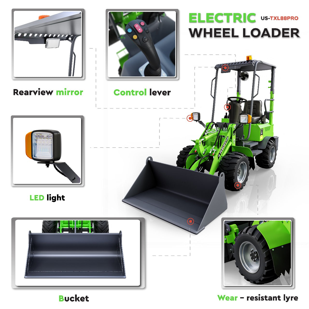 Lithium-Ion Electric Wheel Loader US-TXL88PRO – 880 LBS Capacity | 7ft (85 inch) Lift Height | Heavy-Duty Performance - TEXLIFT