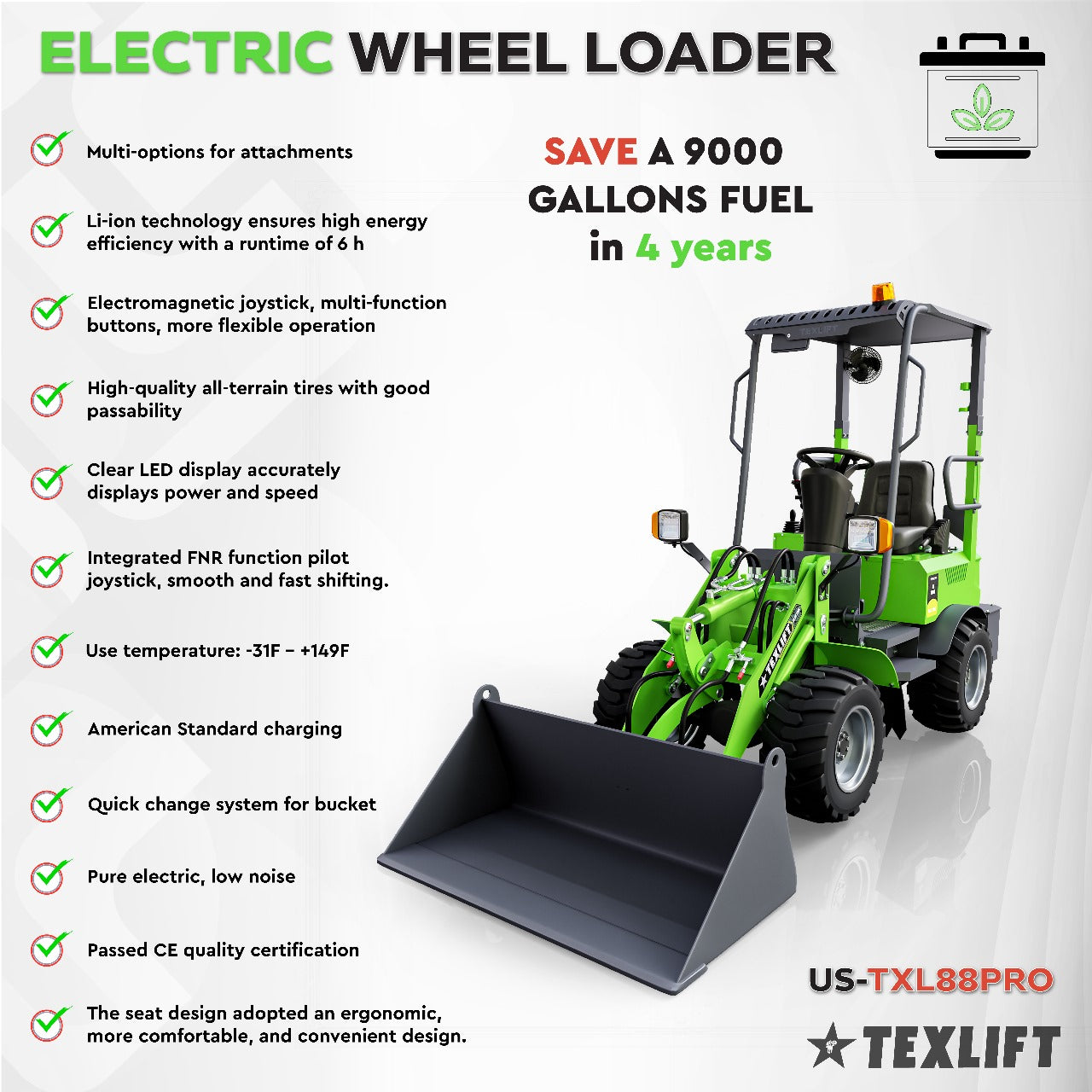 Lithium-Ion Electric Wheel Loader US-TXL88PRO – 880 LBS Capacity | 7ft (85 inch) Lift Height | Heavy-Duty Performance - TEXLIFT