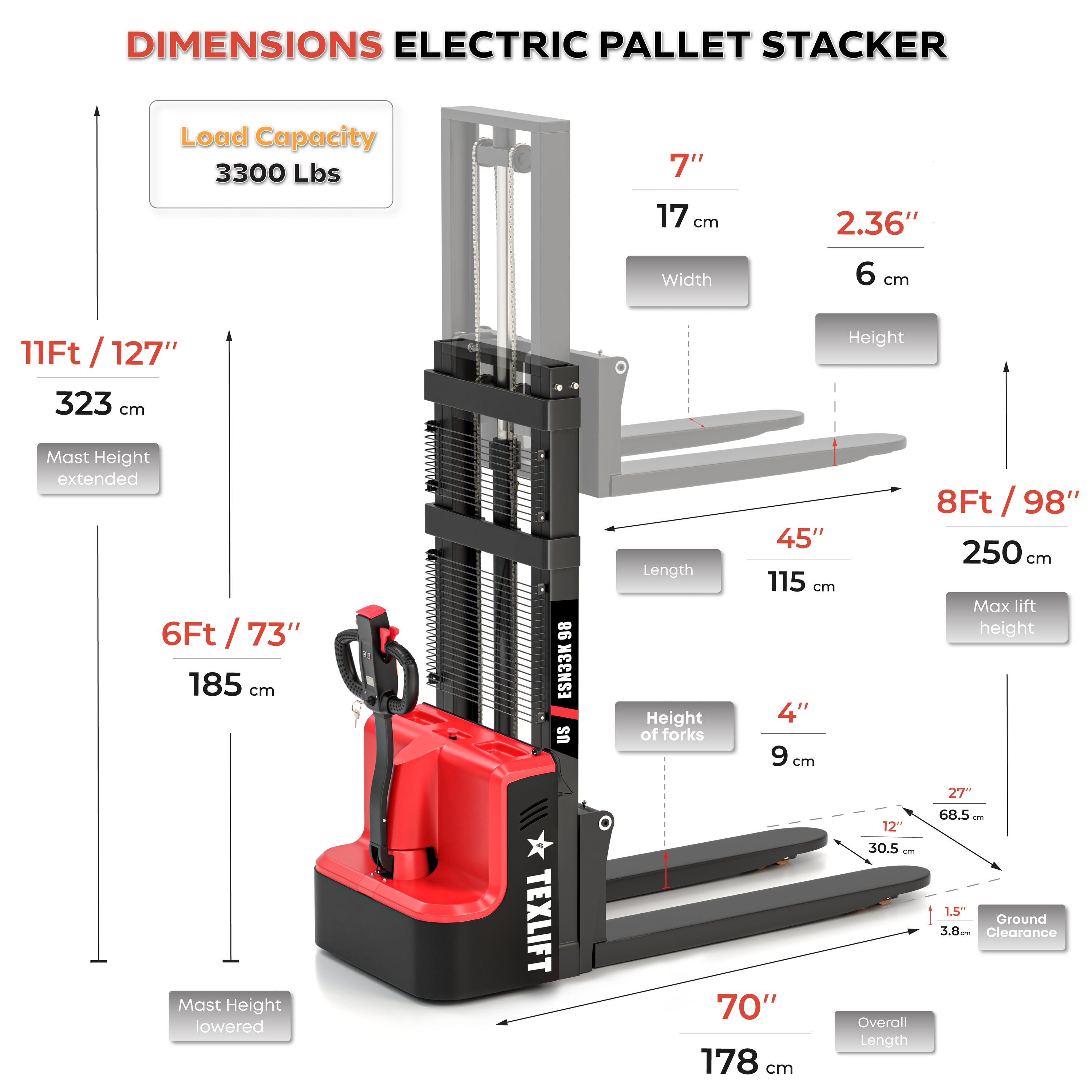 Narrow Electric Stacker – 3,300 lb – 8 ft Lift – Single-Deck & EU Pallets – US-ESN33K 98 - TEXLIFT