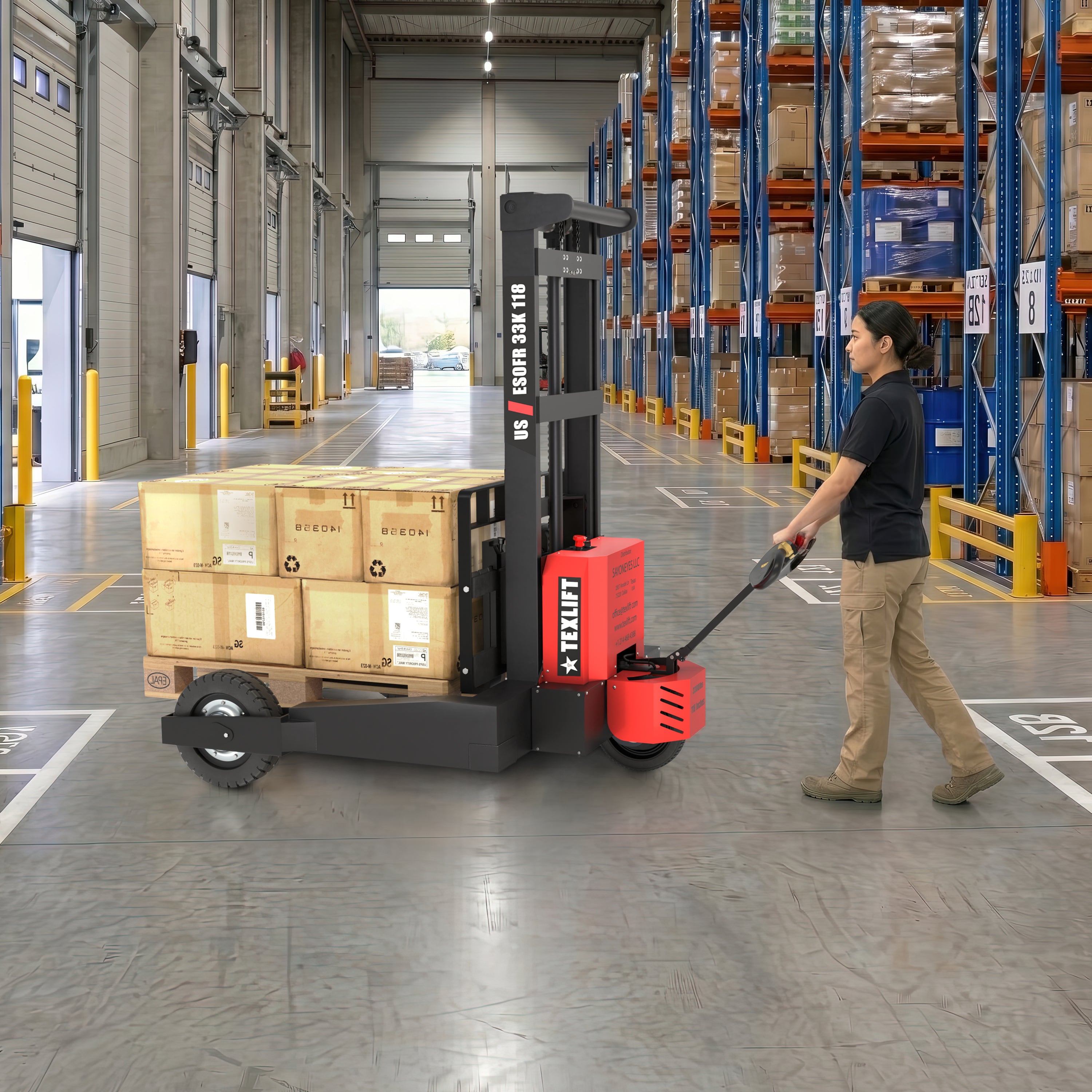 Off-road Electric Pallet Stacker 3300 lb – 118″ Lift Height, Walkie Forklift (US-ESOFR33K 118) - TEXLIFT