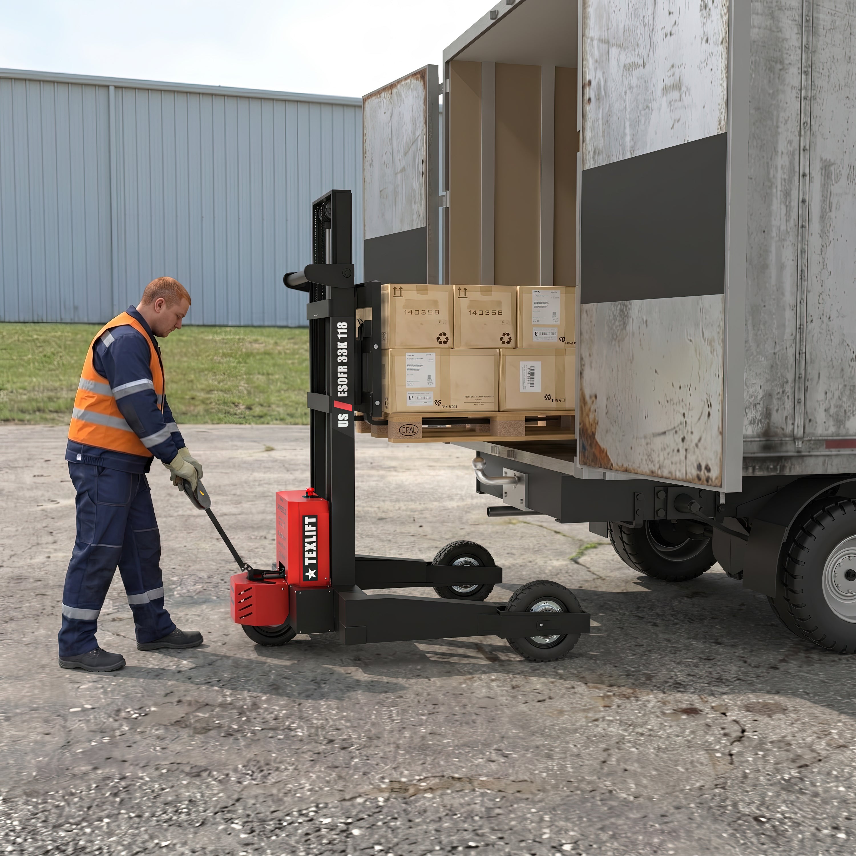 Off-road Electric Pallet Stacker 3300 lb – 118″ Lift Height, Walkie Forklift (US-ESOFR33K 118) - TEXLIFT