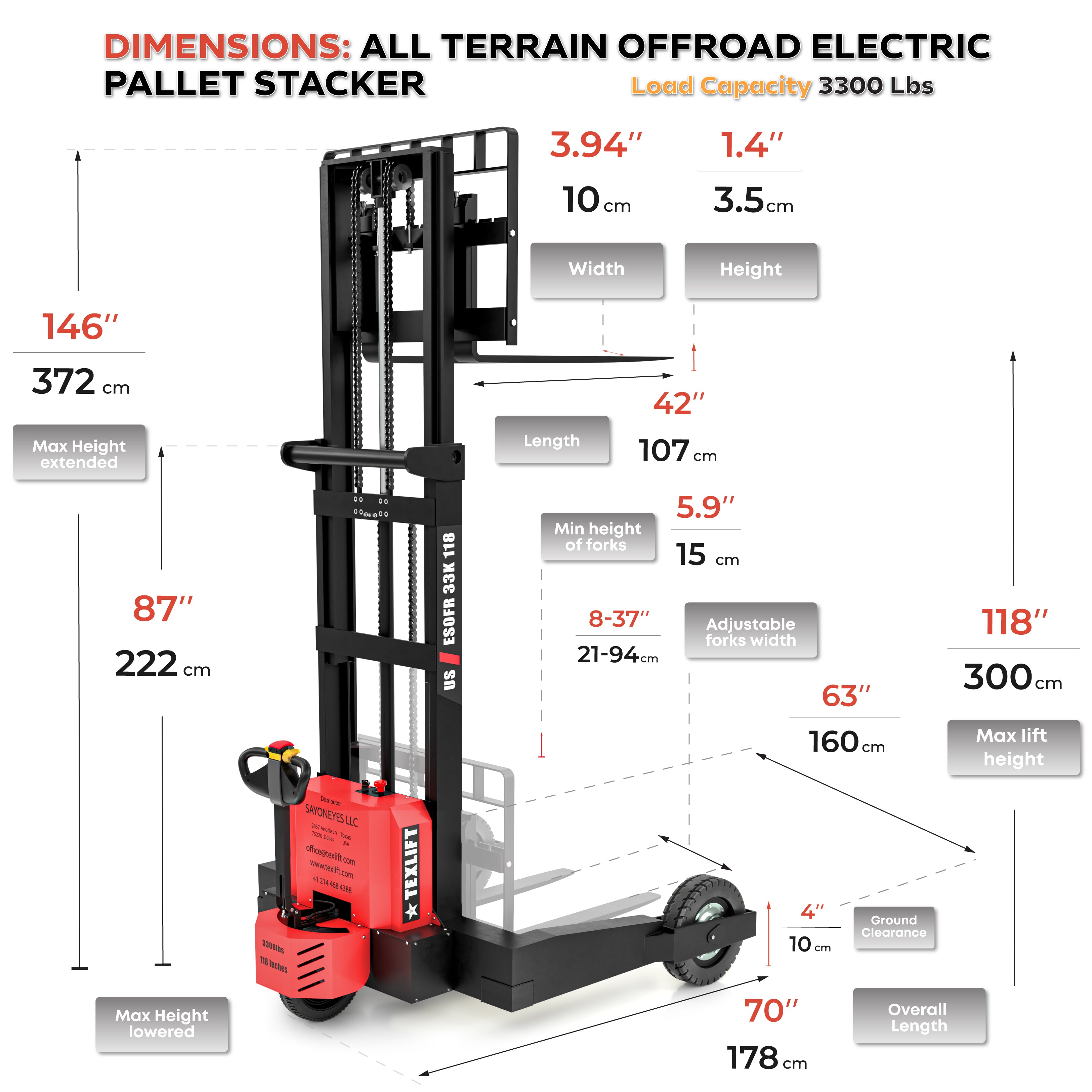Off-road Electric Pallet Stacker 3300 lb – 118″ Lift Height, Walkie Forklift (US-ESOFR33K 118) - TEXLIFT