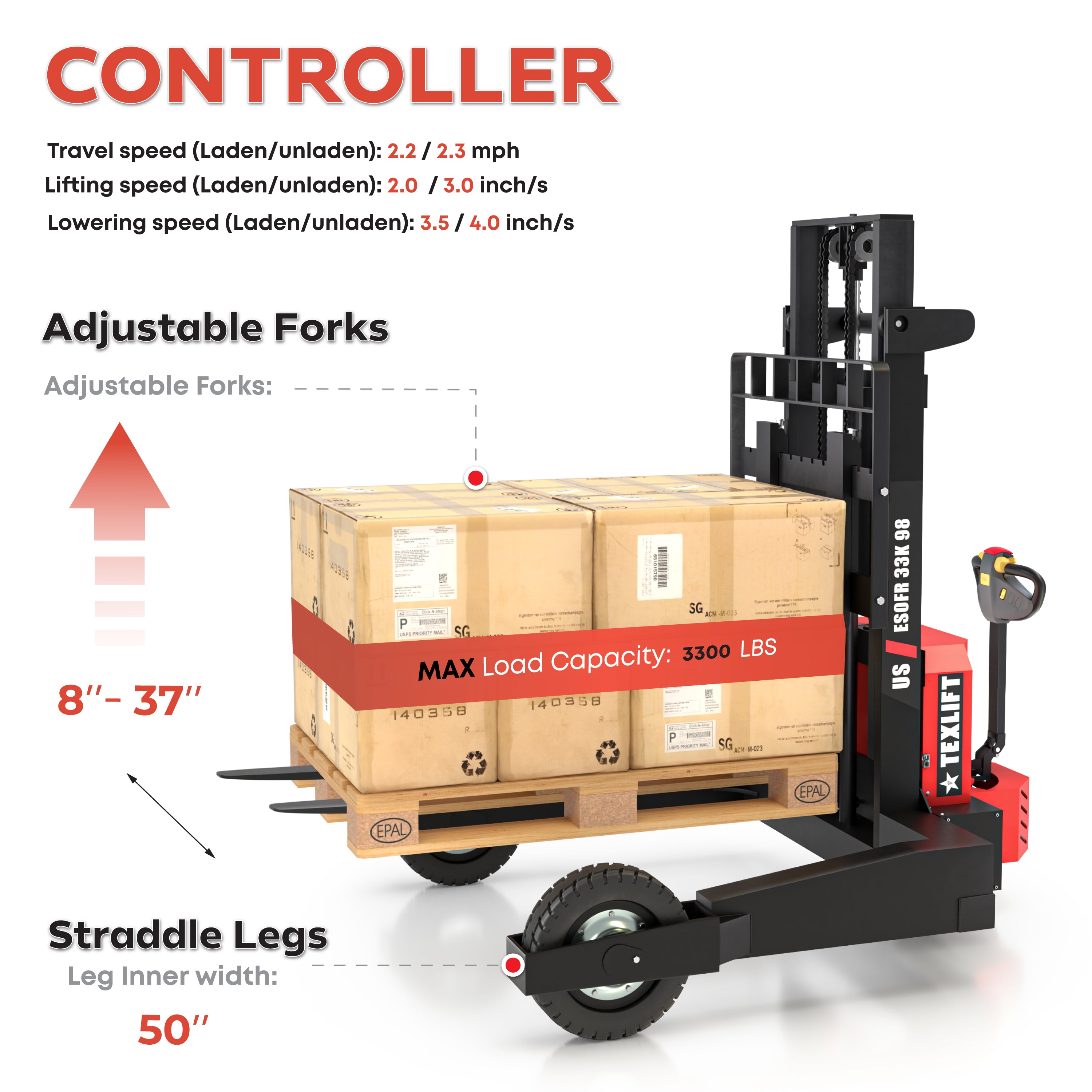 Off-road Electric Pallet Stacker 3300 lb – 98" Lift, Walkie Electric Forklift | US-ESOFR33K 98 - TEXLIFT