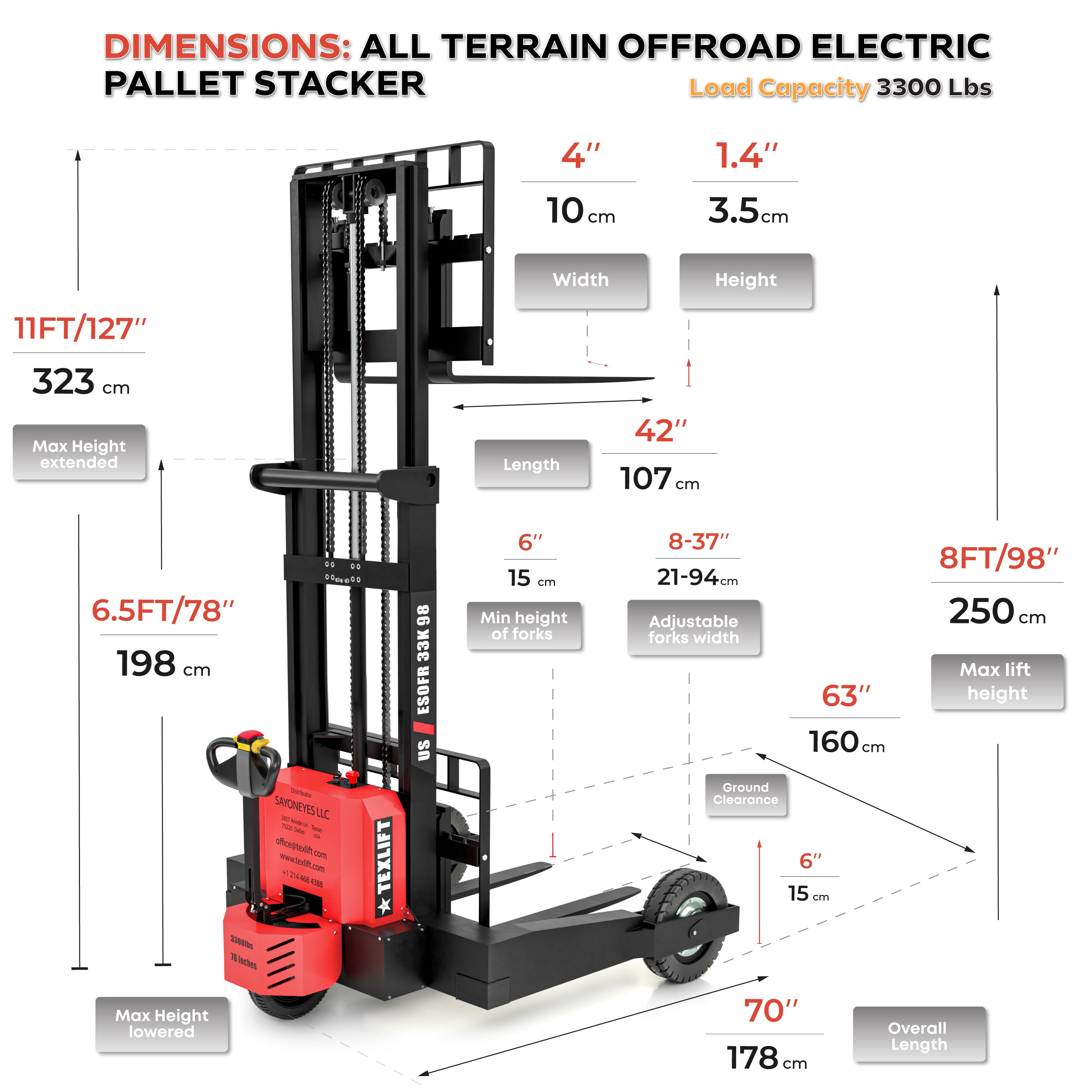 Off-road Electric Pallet Stacker 3300 lb – 98" Lift, Walkie Electric Forklift | US-ESOFR33K 98 - TEXLIFT