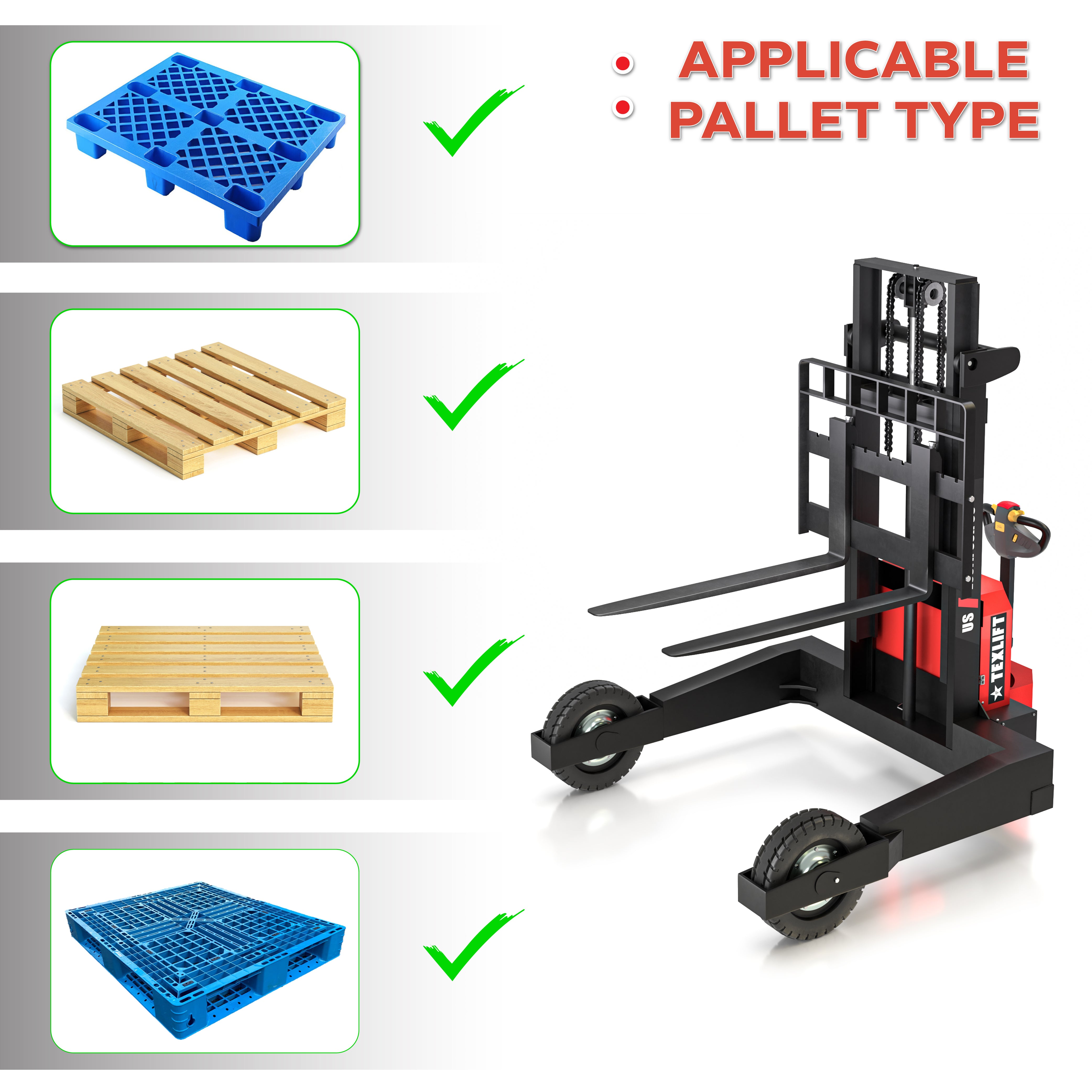 Off-road Electric Pallet Stacker 3300 lb – 98" Lift, Walkie Electric Forklift | US-ESOFR33K 98 - TEXLIFT