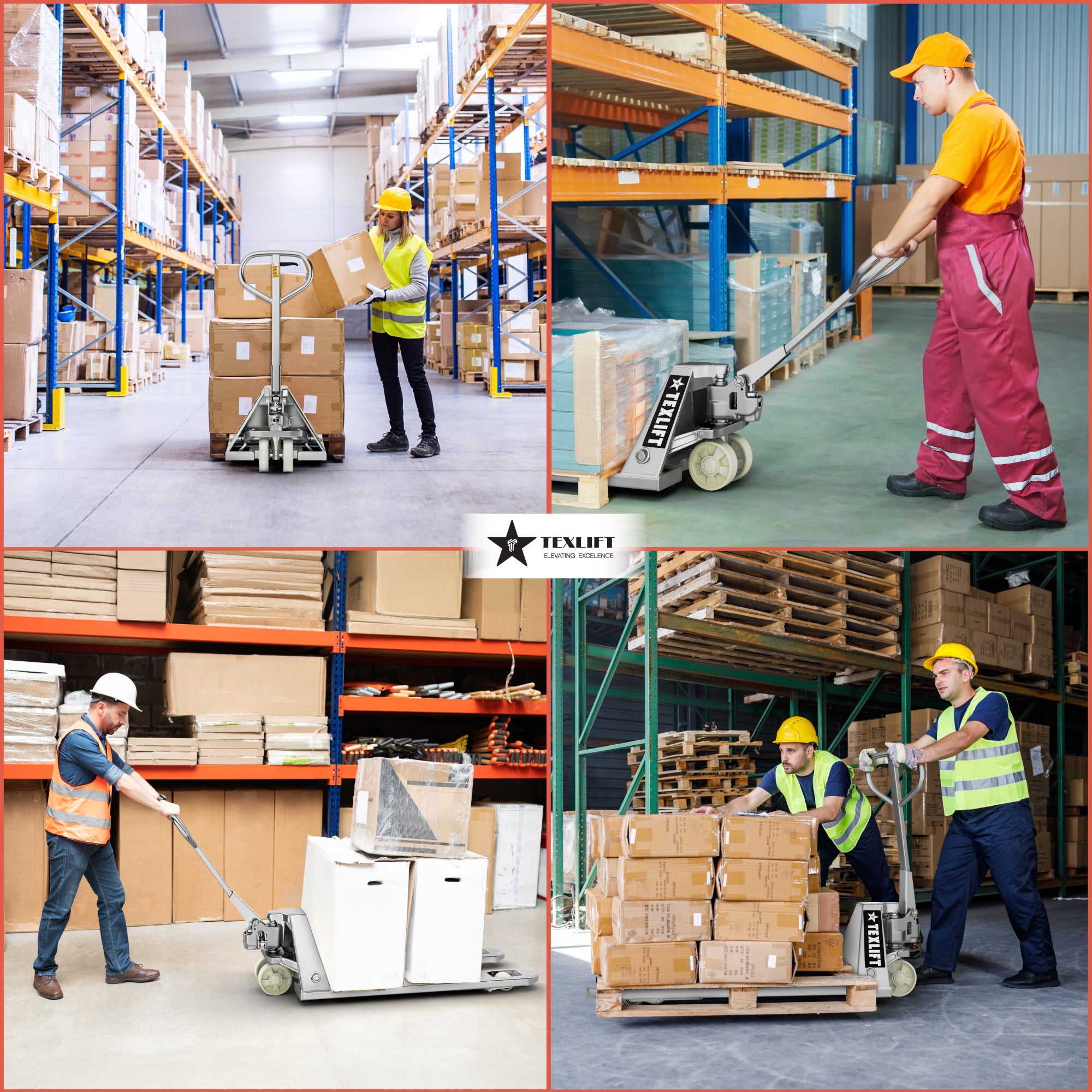 Collage of workers in a warehouse using pallet jacks and moving boxes.