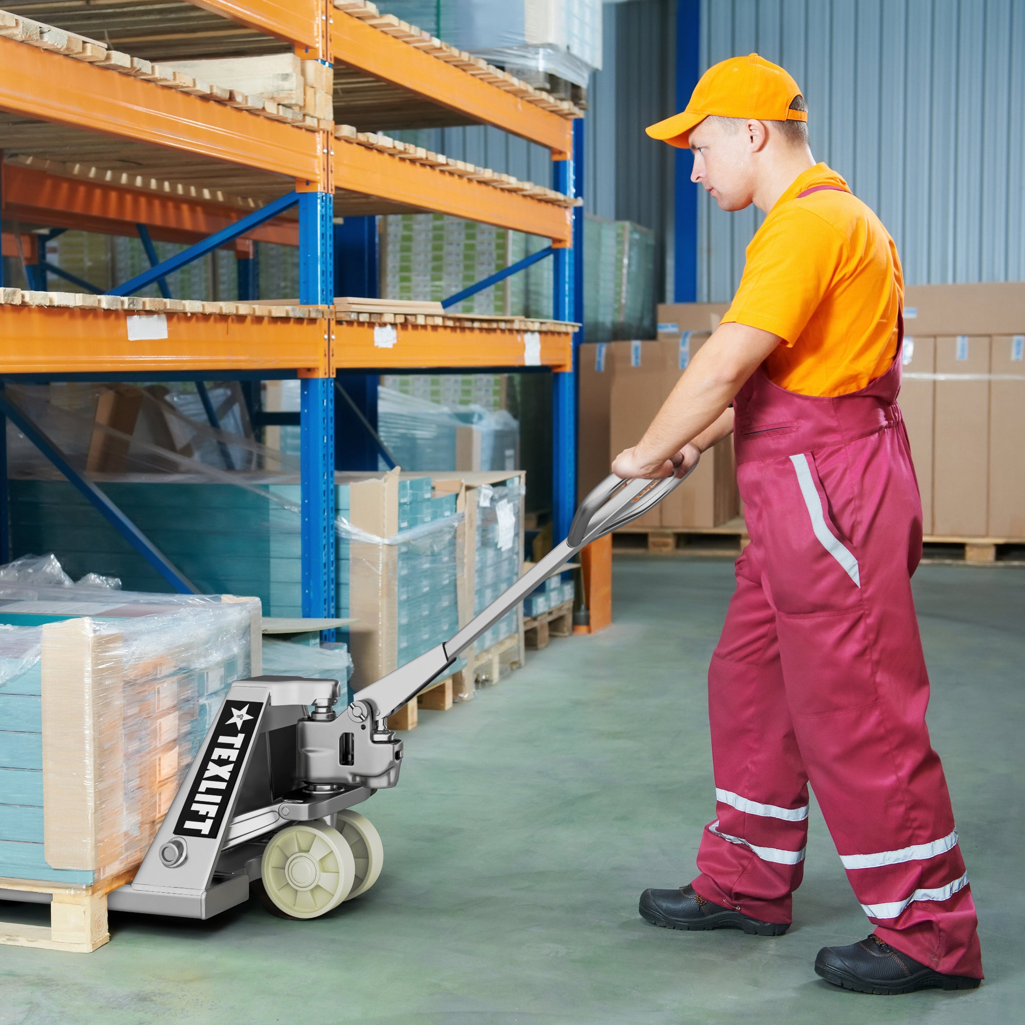 Worker operating a pallet jack in a warehouse setting