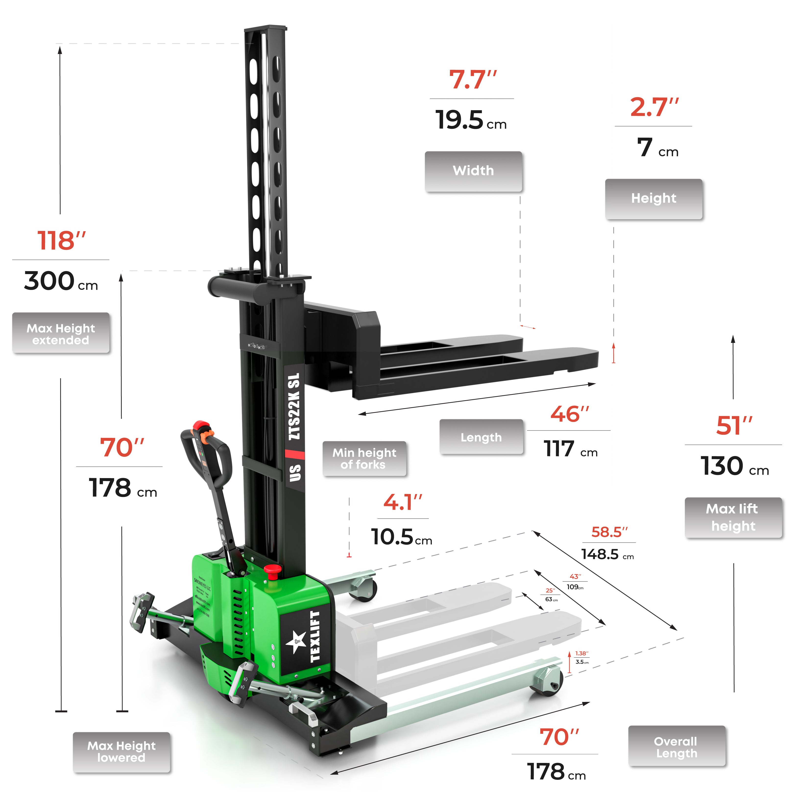 TEXLIFT US-ZTS22K SL – Full Electric Self-Loading Pallet Stacker, 2,200 lbs Capacity, 51” Lift Height - TEXLIFT