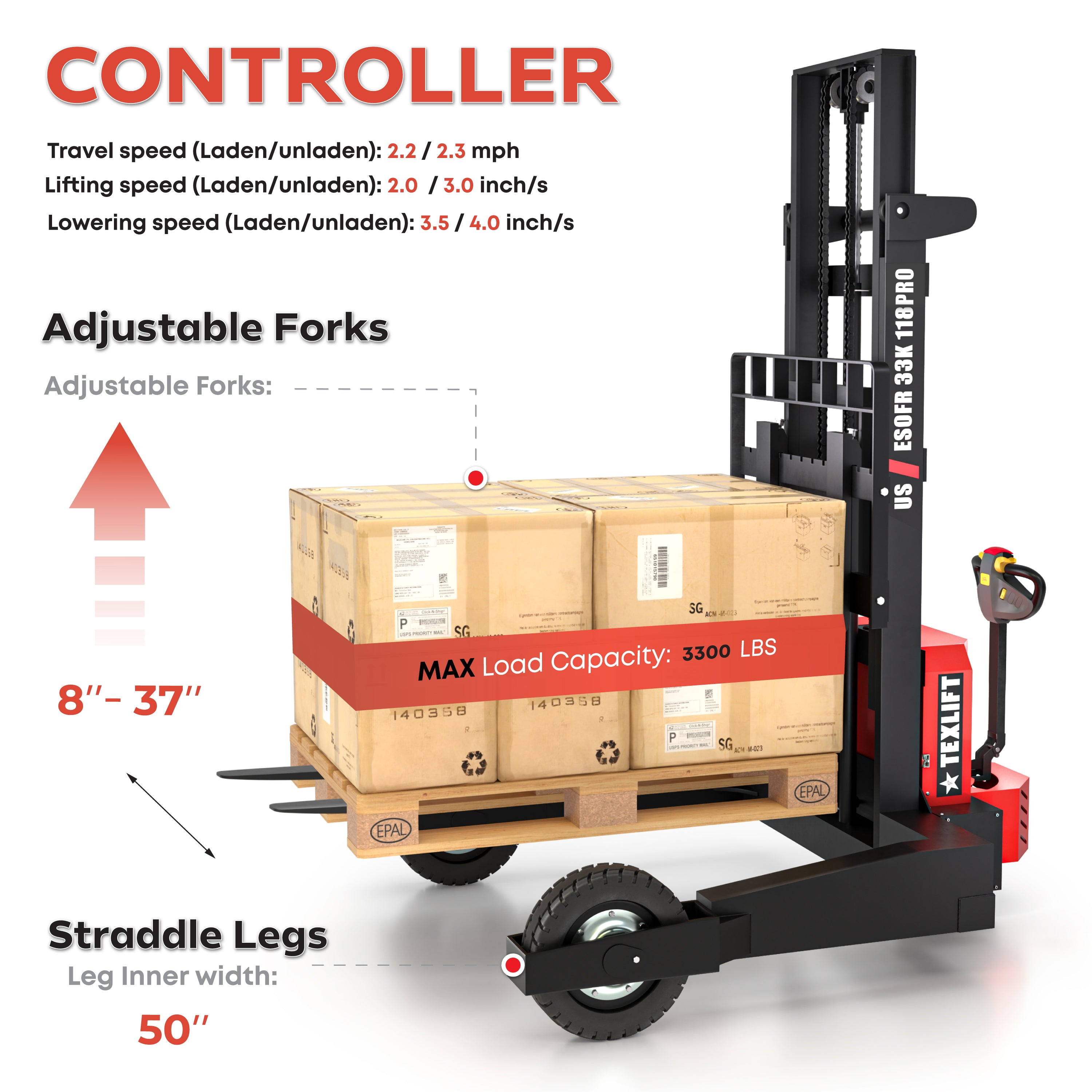 3,300 lb Off-Road Electric Pallet Stacker 10 ft (118 in) Lift | Lithium | US-ESOFR33K 118 PRO