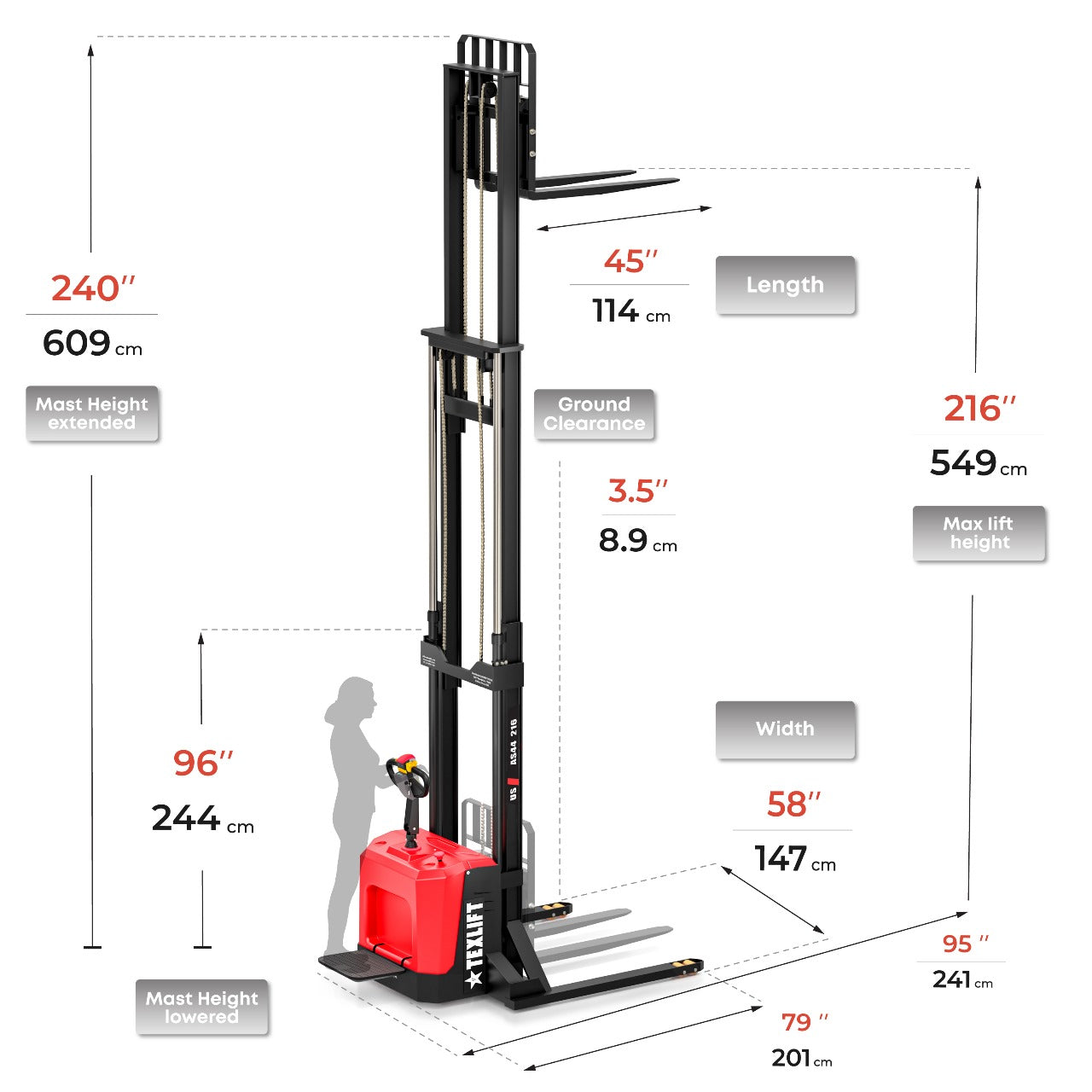 Electric Pallet Stacker Rider Type – 216" Lift, 4400lbs, Model US-AS44 216