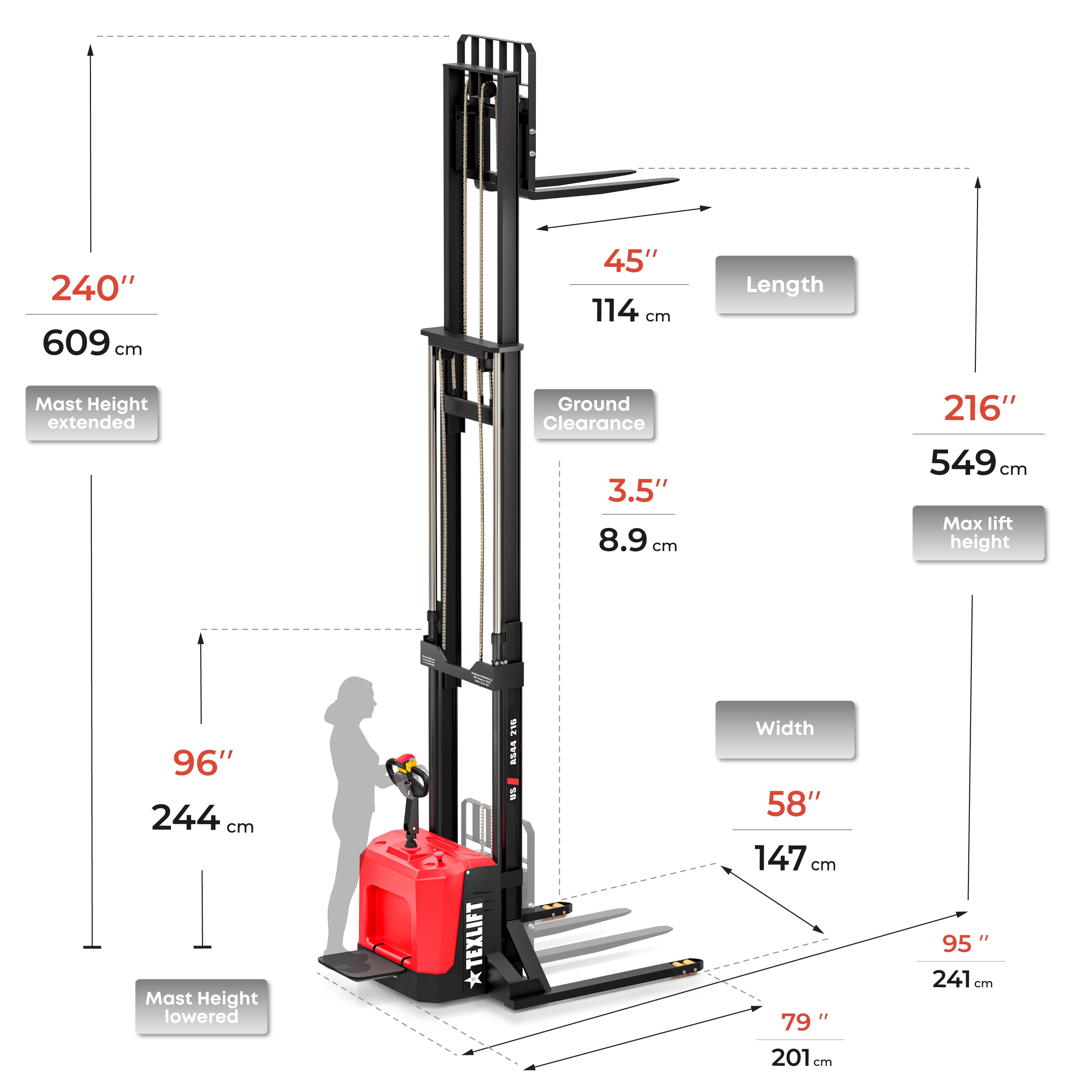 Forklift with detailed dimensions on a white background