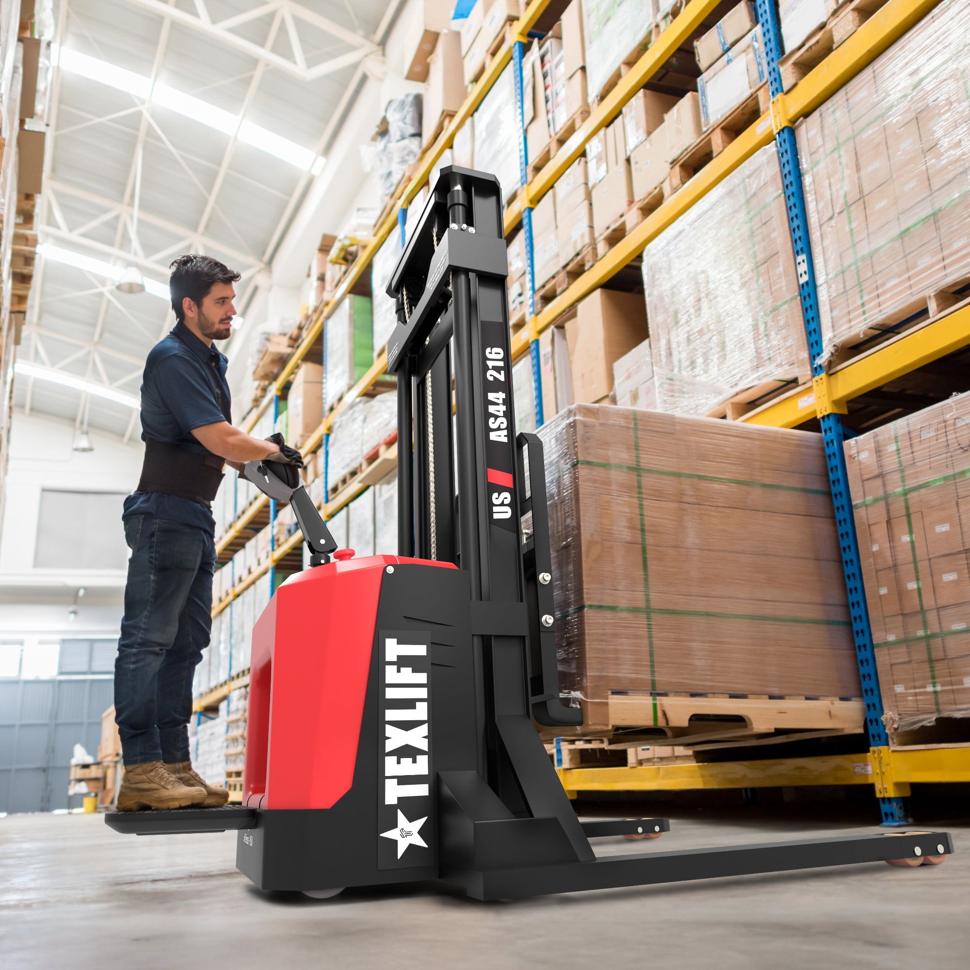 Worker operating a red and black Texlift pallet jack in a warehouse.