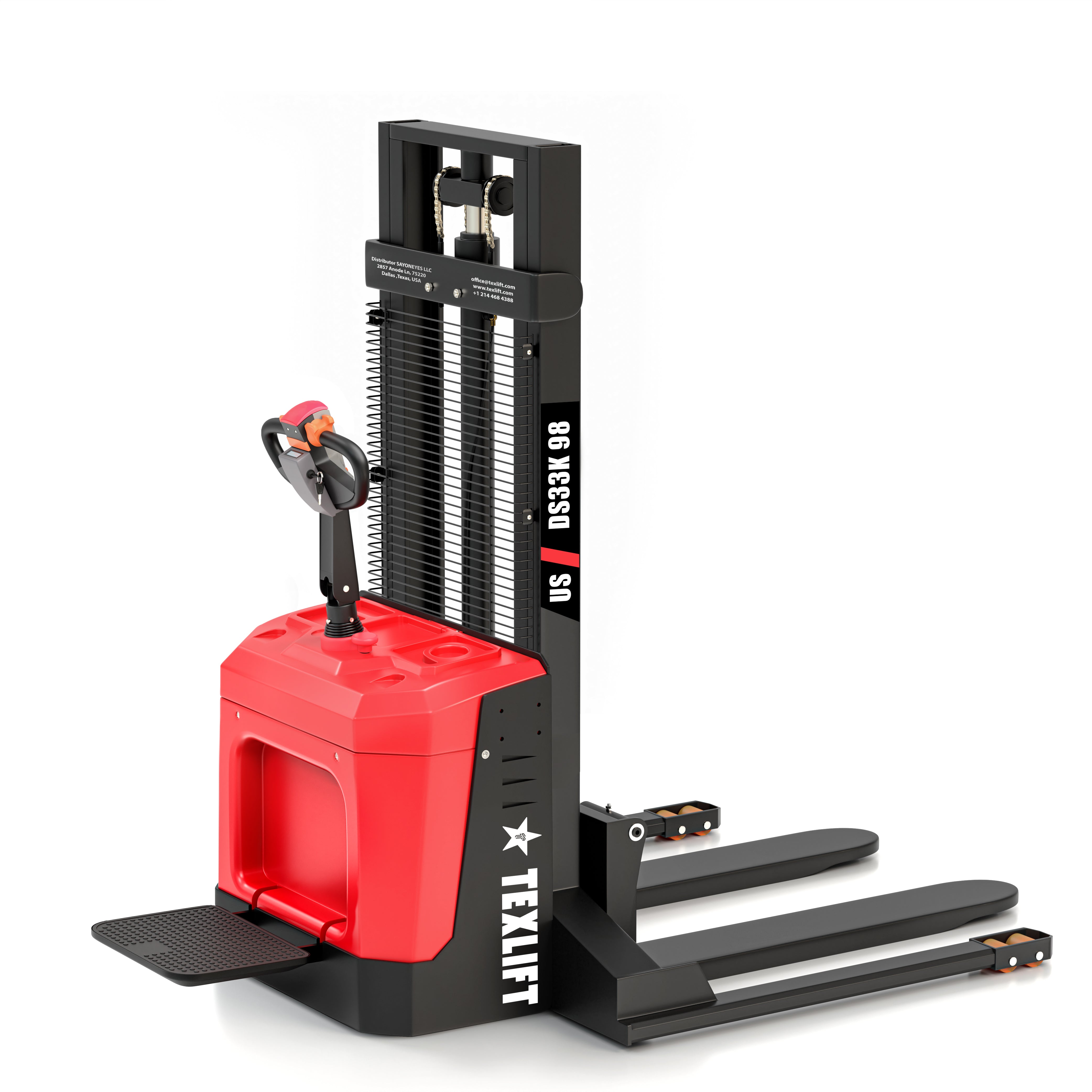 Red and black Texlift pallet stacker on a white background
