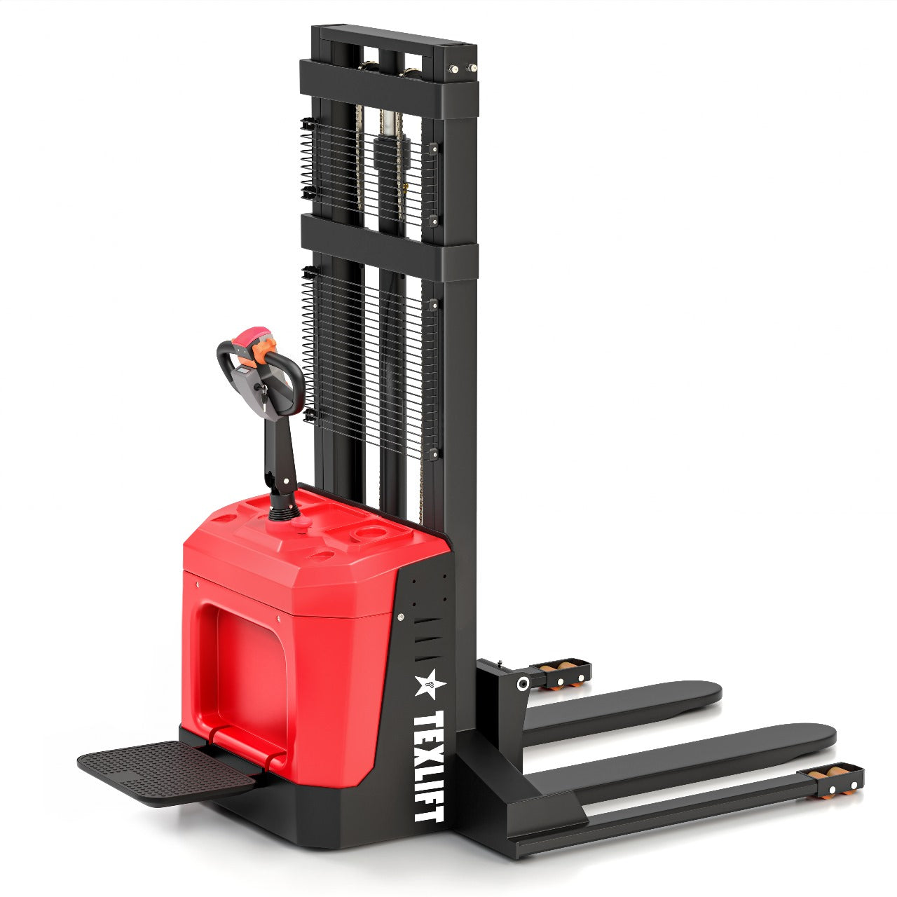Electric Walkie Stacker with 3300 Lbs capacity – 118" Lift Height with Straddle Legs and Leg Stand
