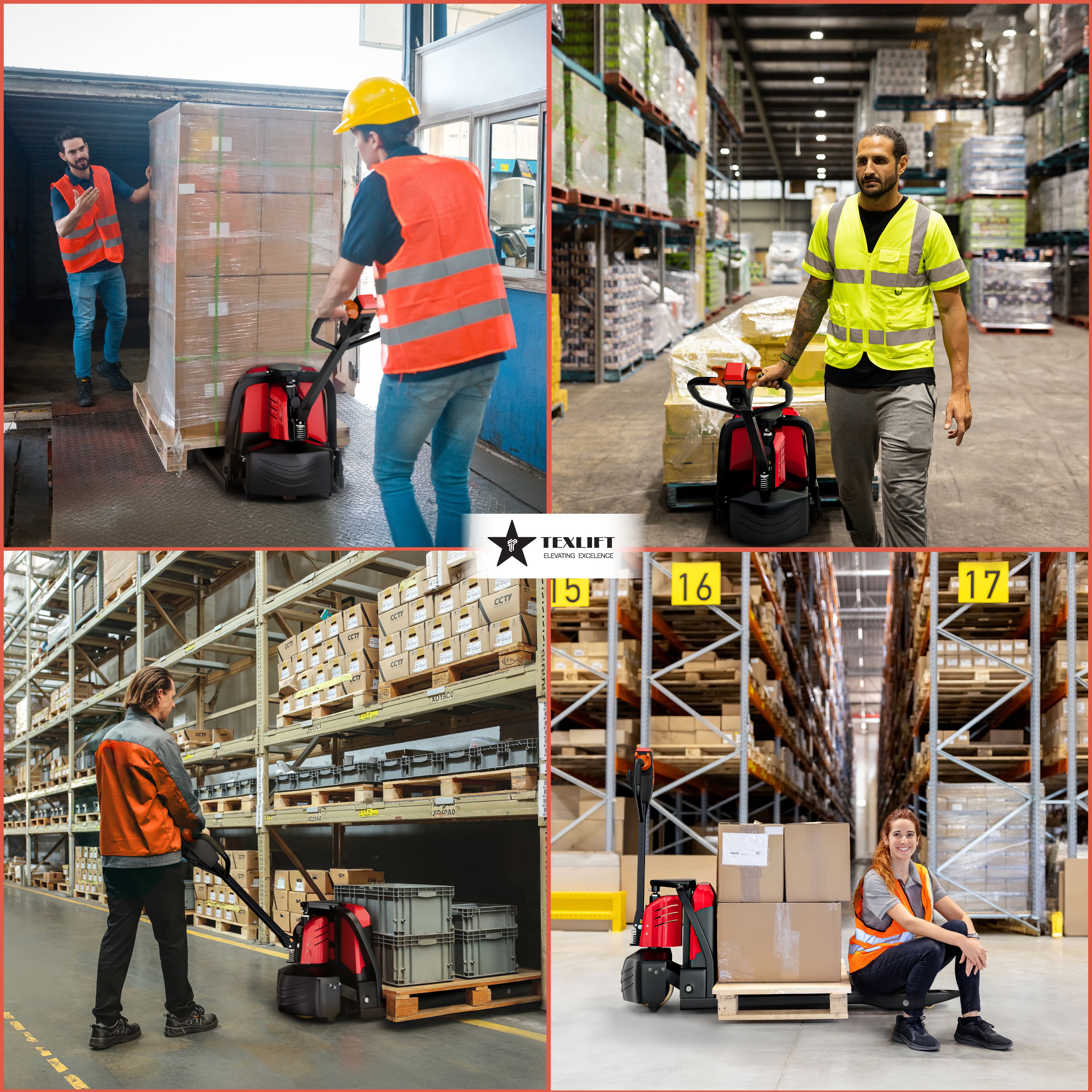 Collage of warehouse workers using a forklift in various warehouse settings.