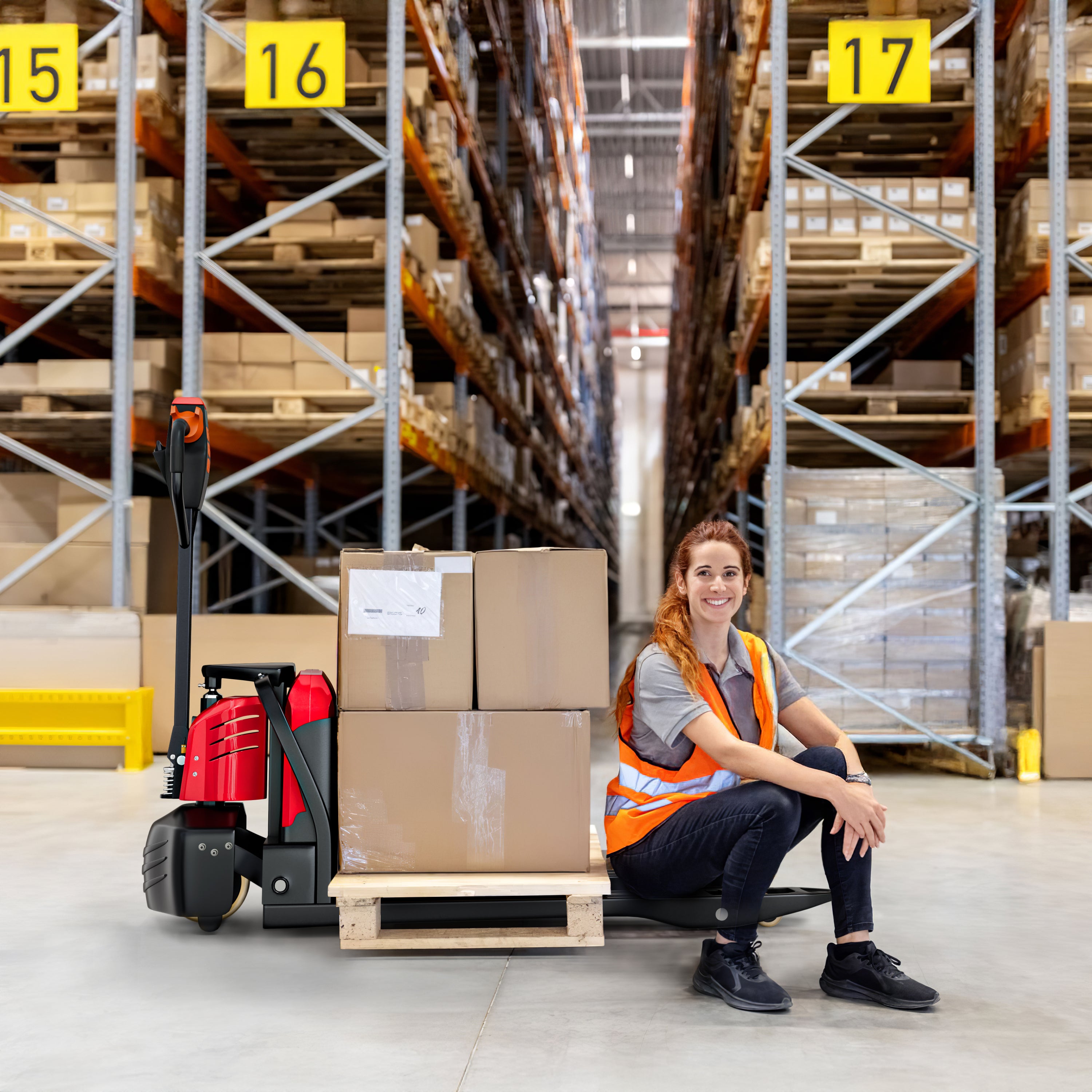Person in a warehouse wearing an orange safety vest sitting on a pallet with boxes.